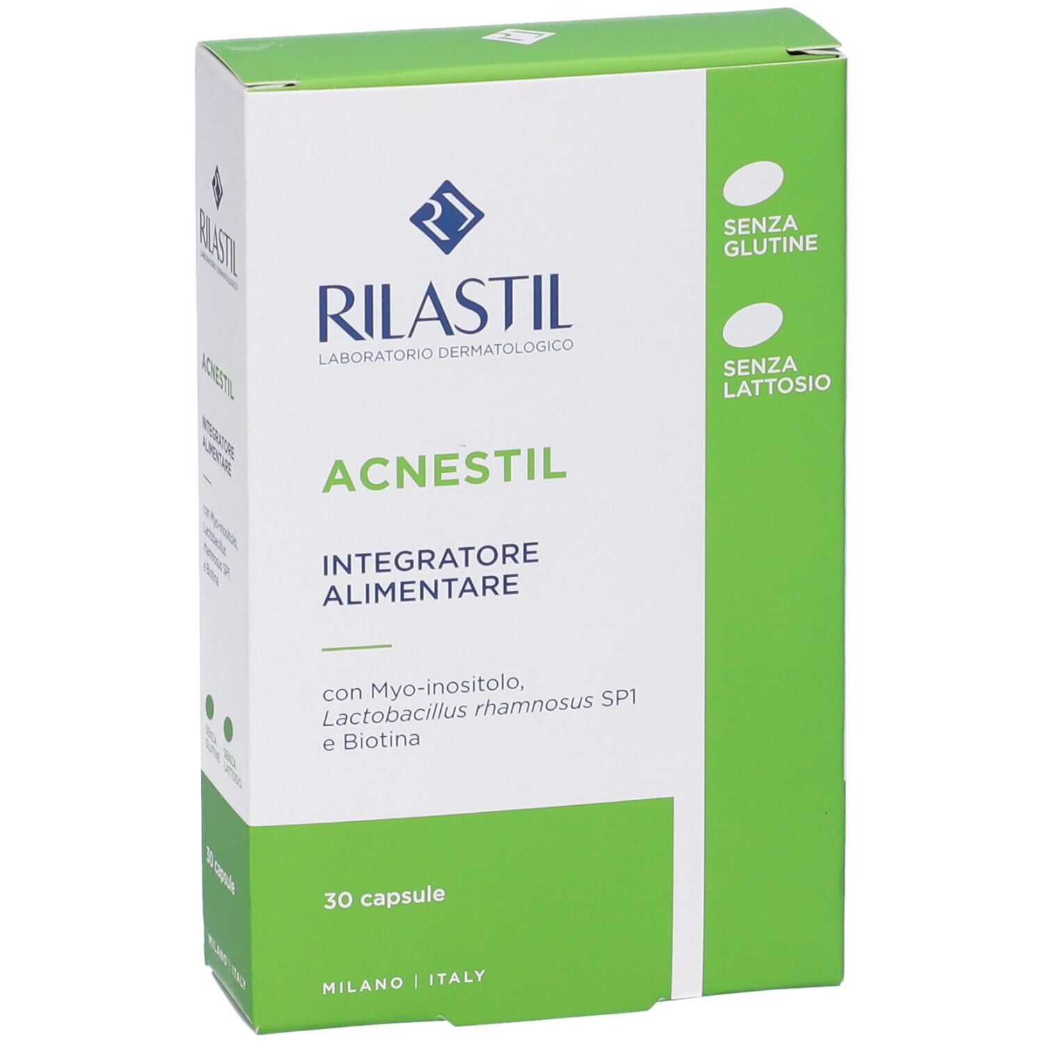 Rilastil Acnestil, integratore alimentare. Scatola bianca e verde. 30 capsule. Senza glutine e lattosio.