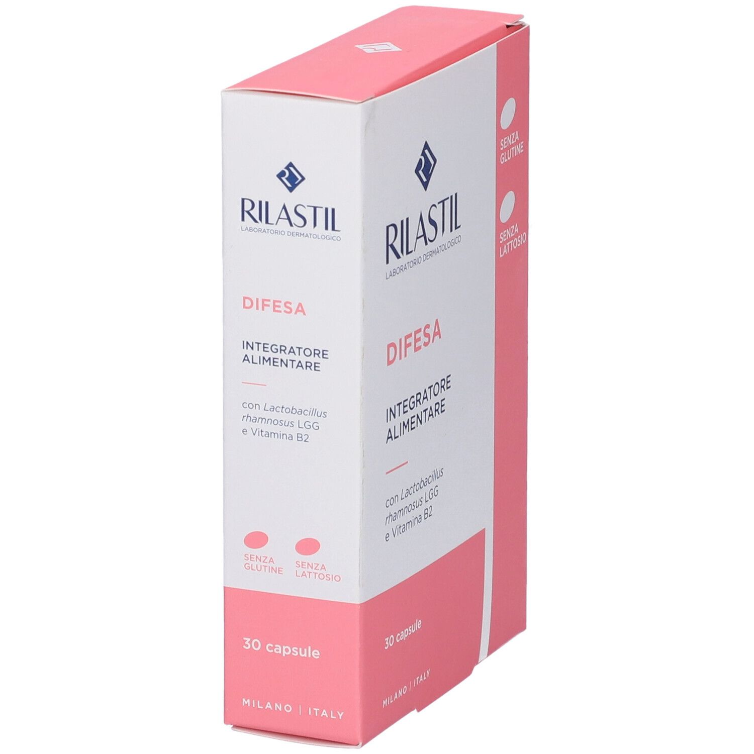 Scatola Rilastil Difesa Capsule. Rosa e bianca, nome e logo del prodotto. 30 capsule.