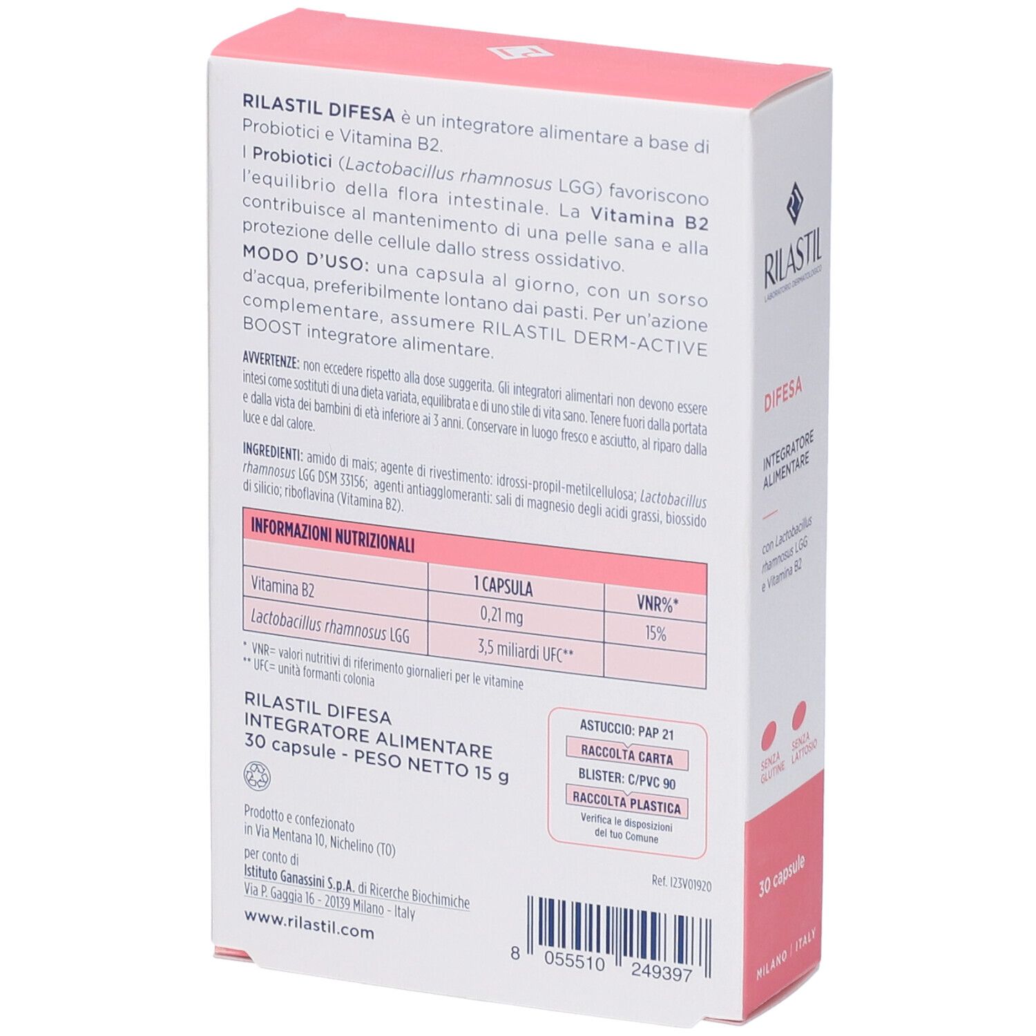 Retro della scatola Rilastil Difesa Capsule. Informazioni testuali, ingredienti, valori nutrizionali. 30 capsule.