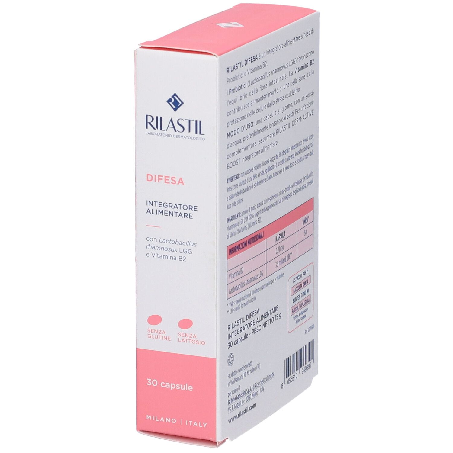 Scatola Rilastil Difesa Capsule. Informazioni testuali, ingredienti, valori nutrizionali. 30 capsule.