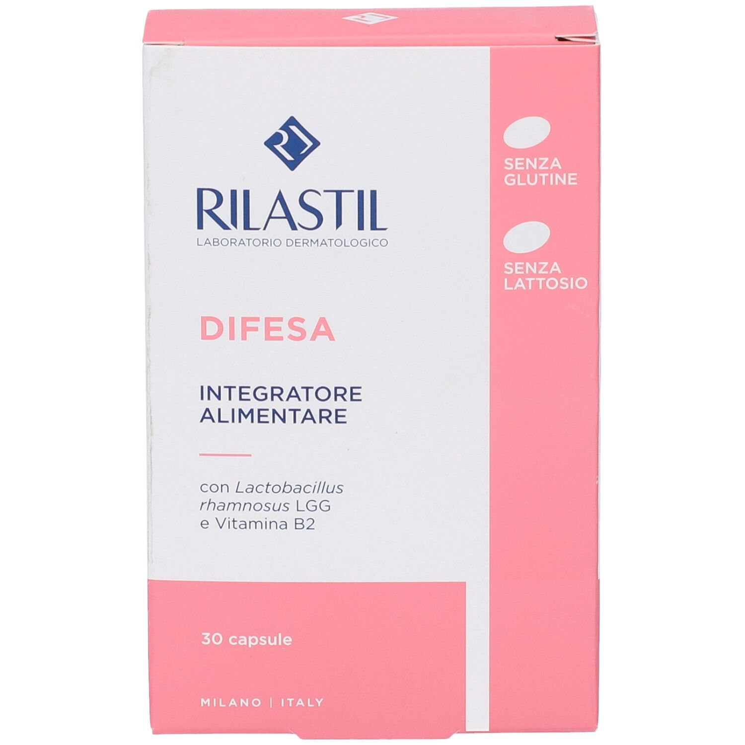Scatola Rilastil Difesa Capsule. Rosa e bianca, nome e logo del prodotto. 30 capsule.