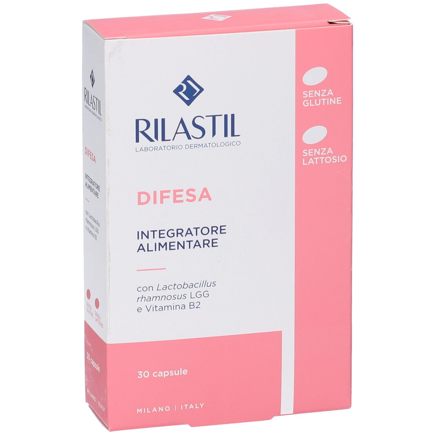 Scatola Rilastil Difesa Capsule. Rosa e bianca, nome e logo del prodotto. 30 capsule.