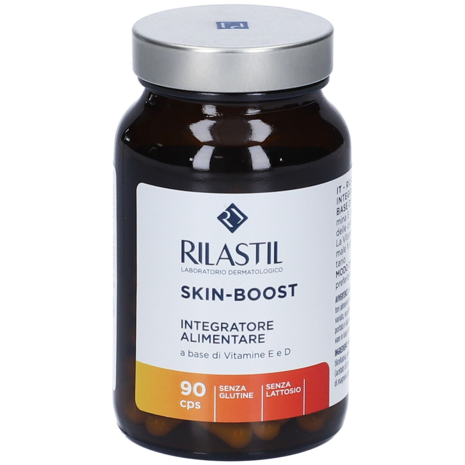 Flacone marrone, tappo argentato. Scritta: Rilastil Skin-Boost, 90 capsule. Senza glutine e lattosio.