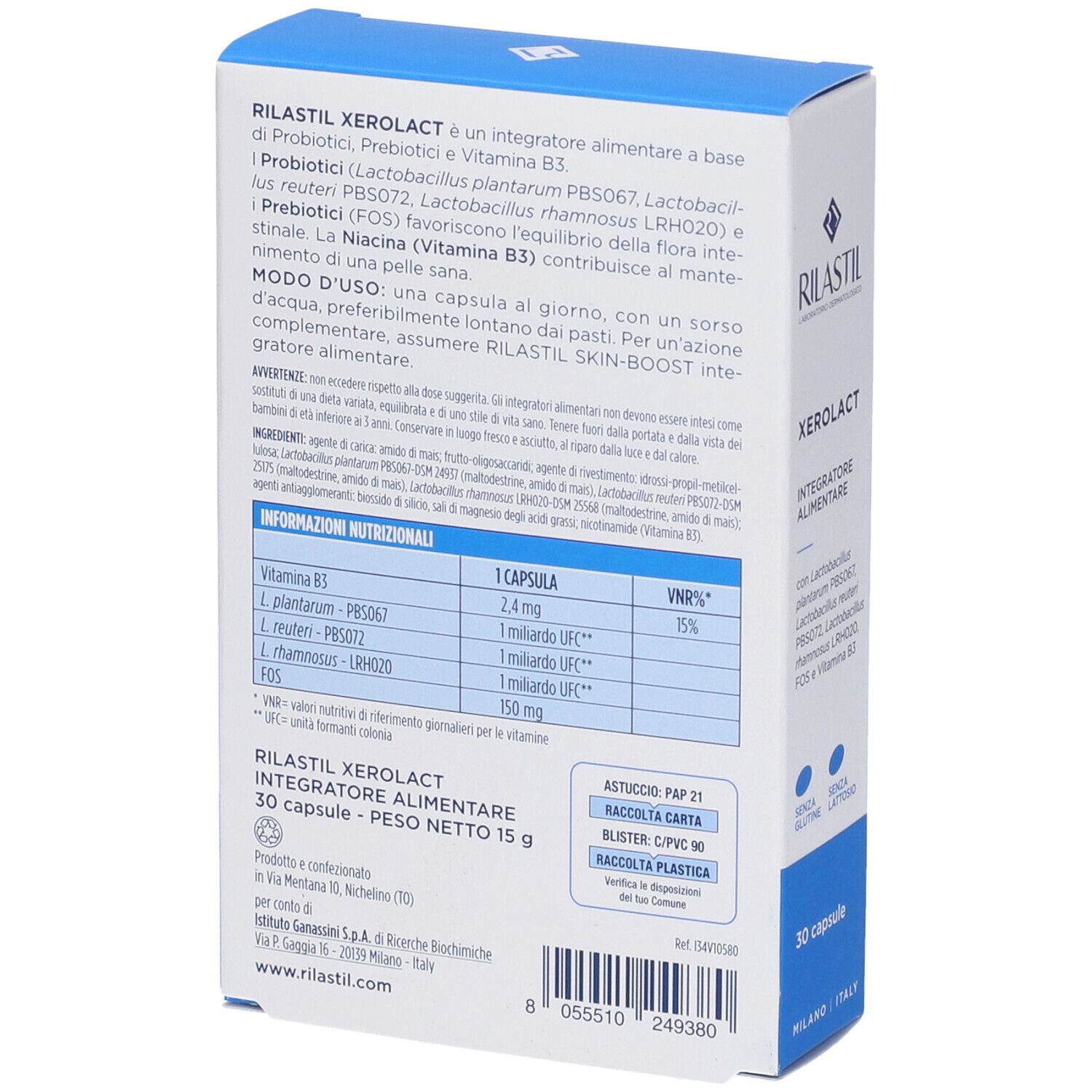 Retro della confezione Rilastil Xerolact. Contiene informazioni sugli ingredienti e l'uso. 30 capsule.