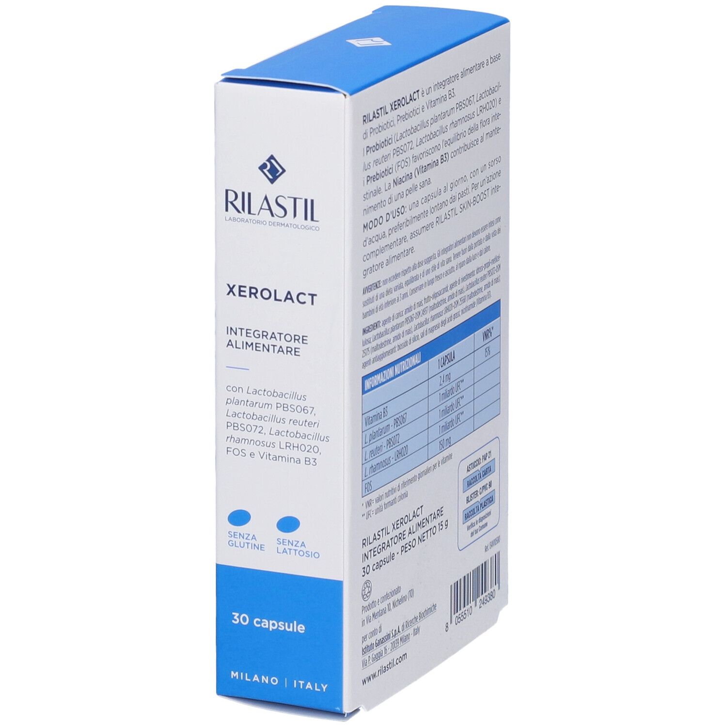 Confezione Rilastil Xerolact, retro. Contiene informazioni sugli ingredienti e l'uso. 30 capsule.