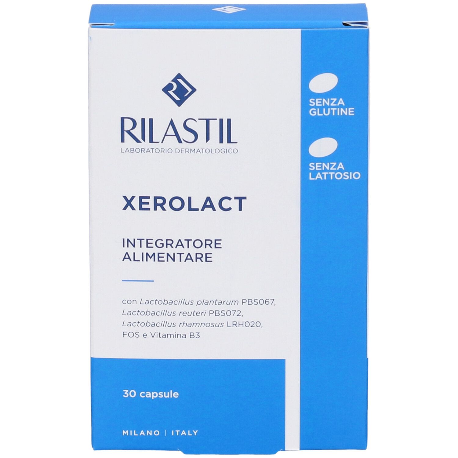 Scatola di Rilastil Xerolact, 30 capsule. Scritto: Integratore Alimentare, senza glutine e lattosio. Confezione blu e bianca.