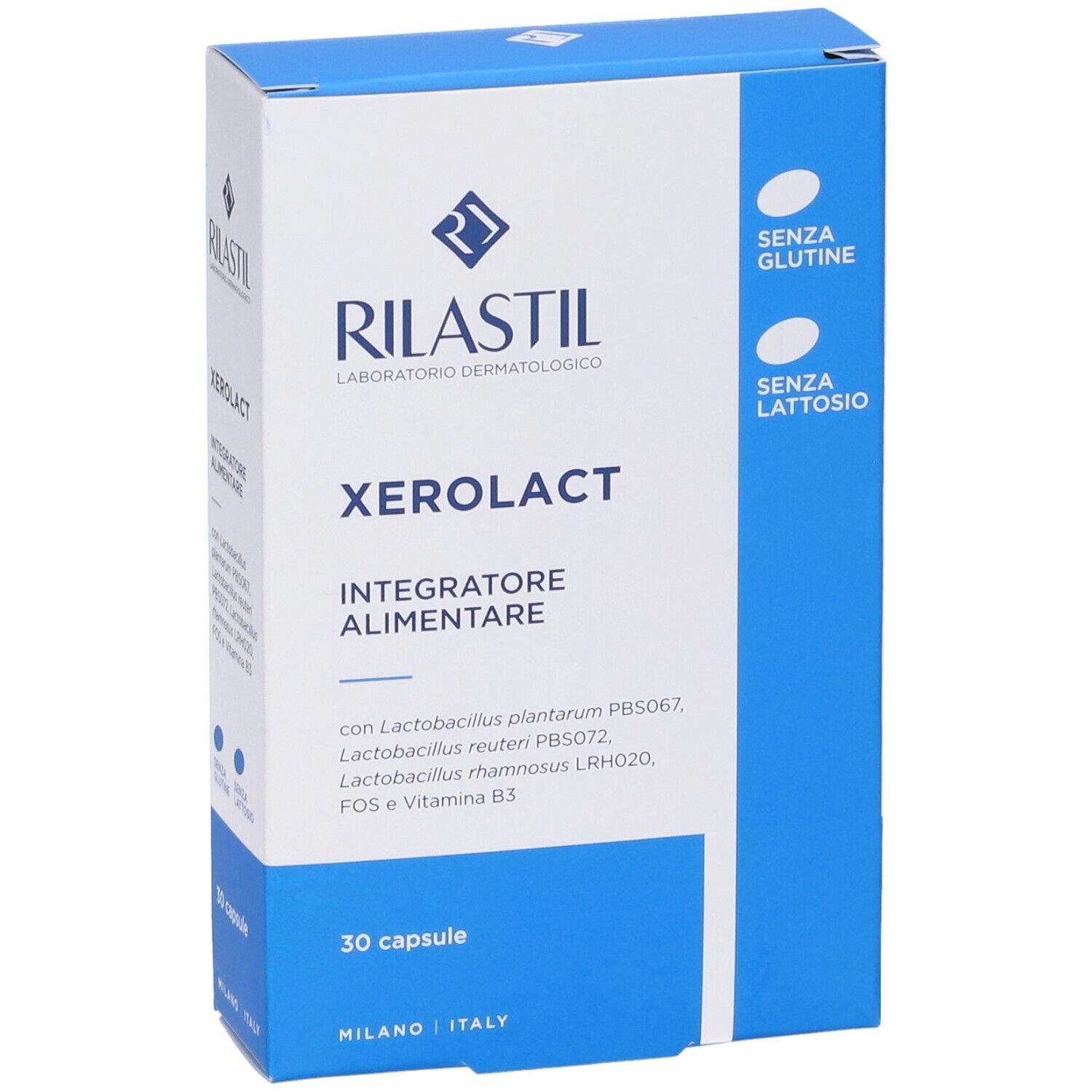 Scatola di Rilastil Xerolact, 30 capsule. Scritto: Integratore Alimentare, senza glutine e lattosio. Confezione blu e bianca.