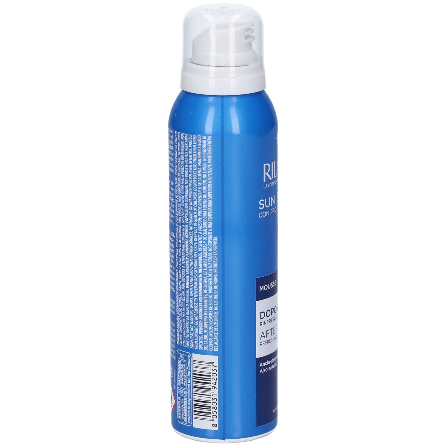 Bomboletta spray blu con testo. Rilastil Sun System Mousse Doposole. Testo sulla bomboletta. Retro con ingredienti e avvertenze.