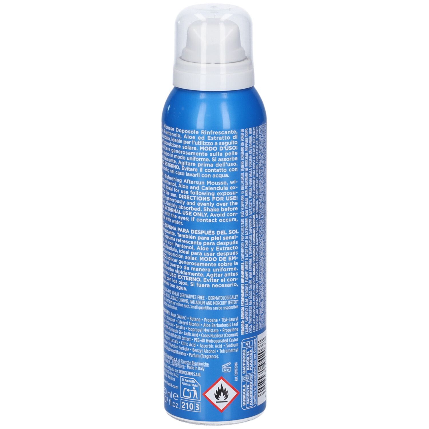 Bomboletta spray blu. Rilastil Sun System Mousse Doposole. Testo sulla bomboletta. Retro con istruzioni per l'uso e avvertenze.
