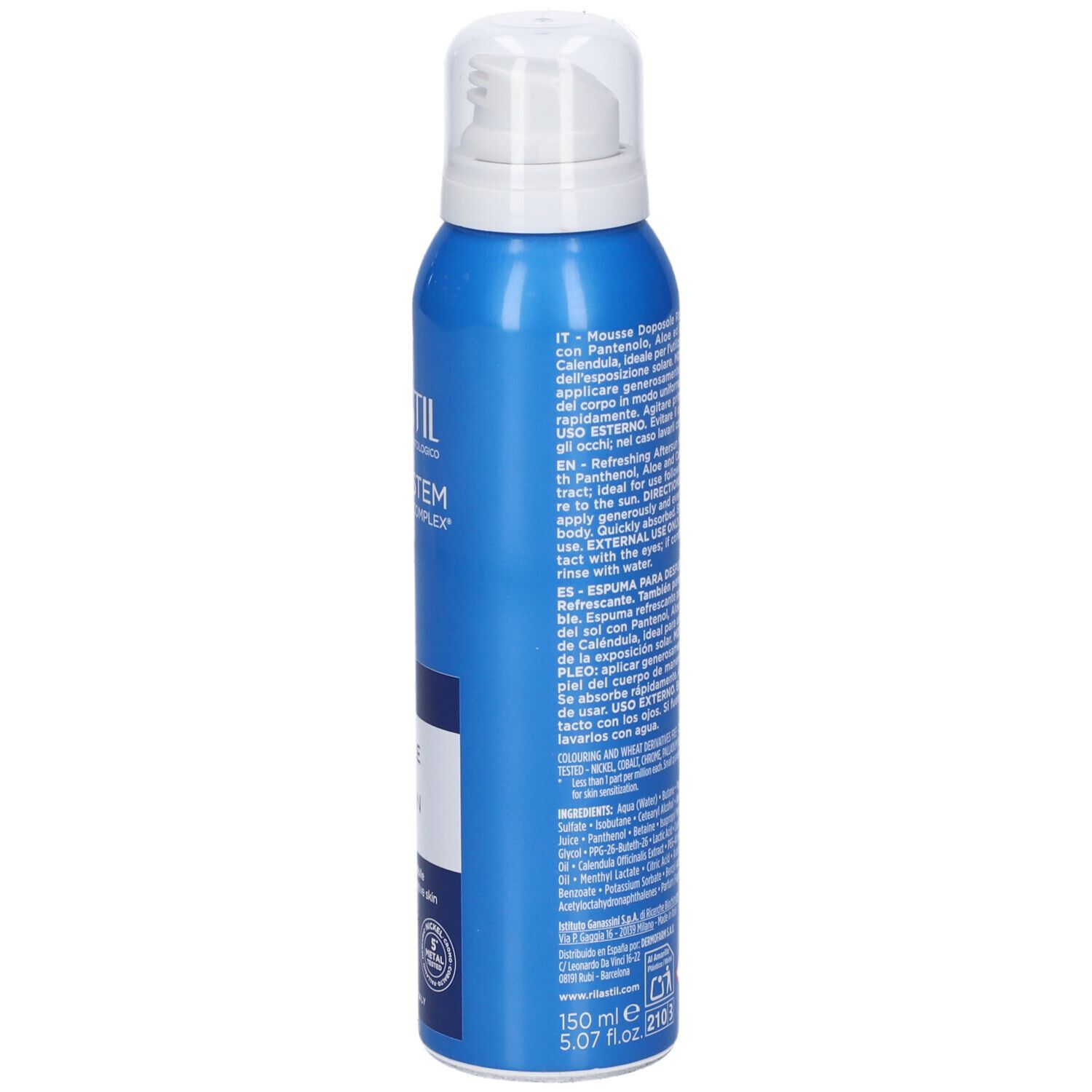 Bomboletta spray blu. Rilastil Sun System Mousse Doposole. Testo sulla bomboletta. Retro con ingredienti e istruzioni per l'uso.