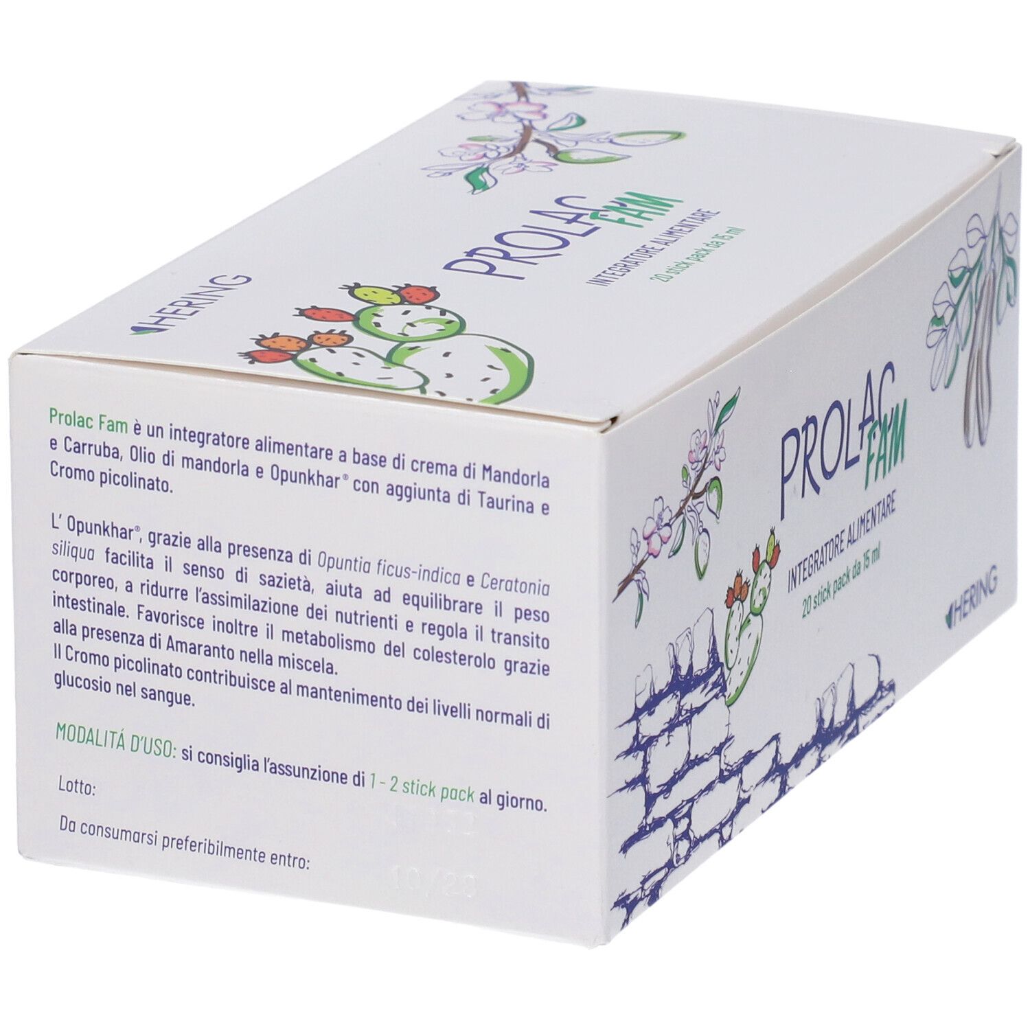 Scatola bianca, in diagonale. Scritto: Prolac Fam, Integratore Alimentare, 20 stick pack da 15 ml. Testo sugli ingredienti e l'uso.
