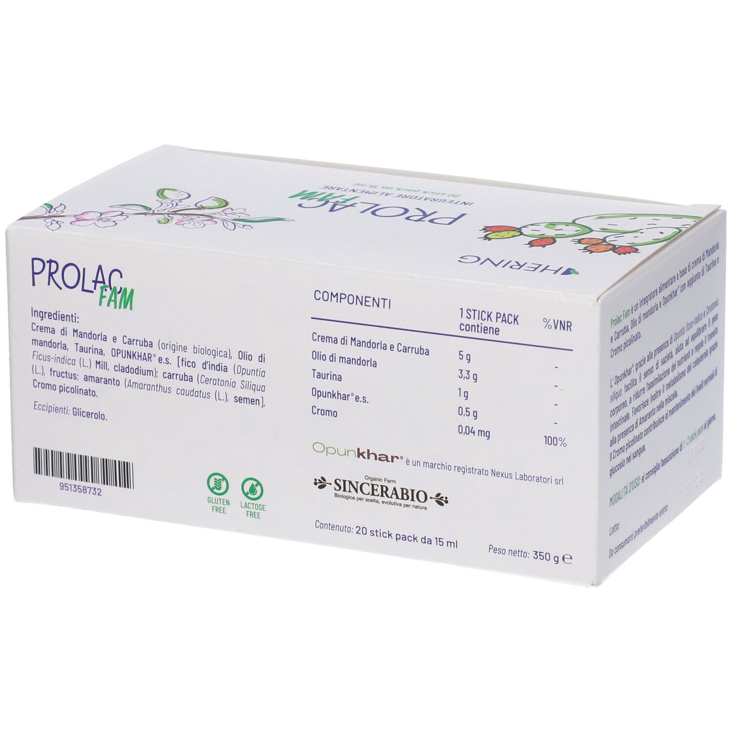 Scatola bianca, retro. Scritto: Prolac Fam, ingredienti, 1 Stick Pack contiene, 20 stick pack da 15 ml. Peso 350 g.