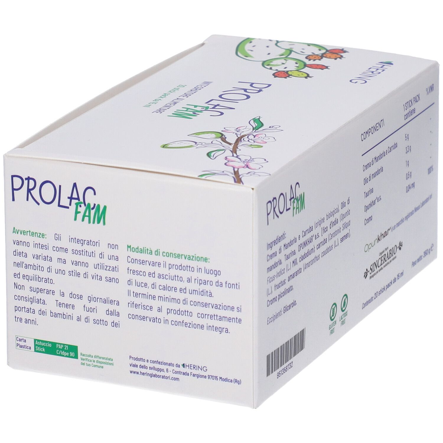 Scatola bianca, in diagonale. Scritto: Prolac Fam, Integratore Alimentare, 20 stick pack da 15 ml. Avvertenze e consigli di conservazione.