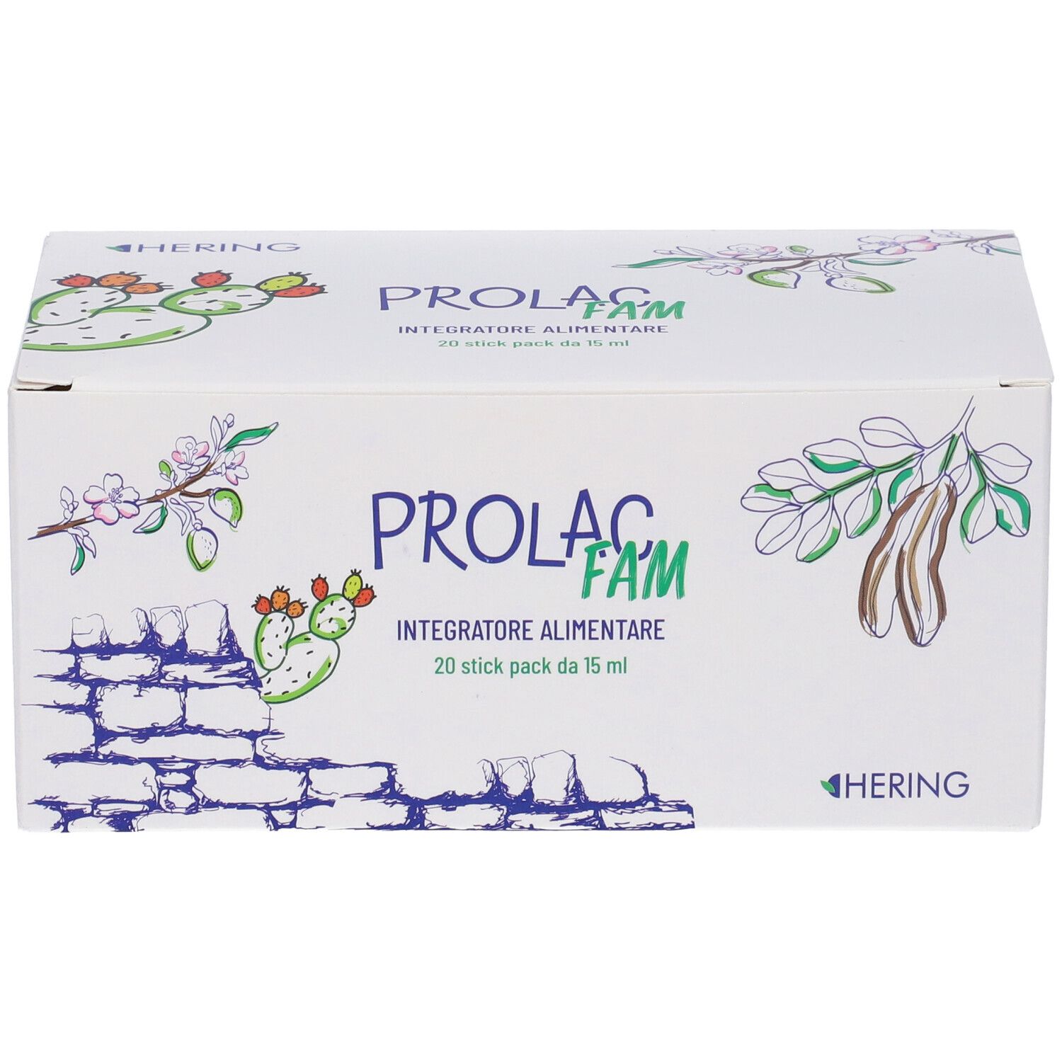 Scatola bianca con stampa del prodotto. Scritto: Prolac Fam, Integratore Alimentare, 20 stick pack da 15 ml. Illustrazioni di piante.