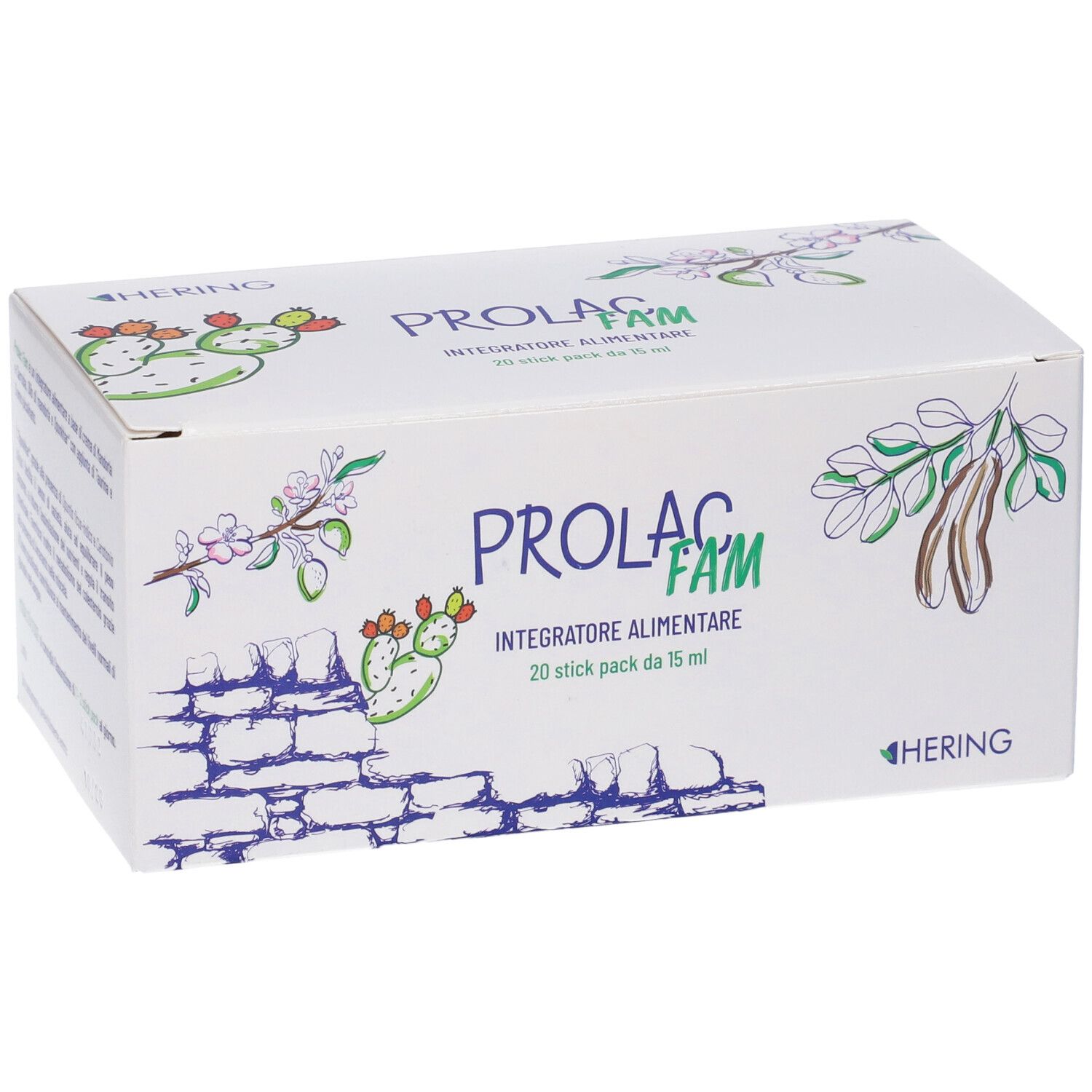 Scatola bianca con stampa del prodotto. Scritto: Prolac Fam, Integratore Alimentare, 20 stick pack da 15 ml. Illustrazioni di piante.