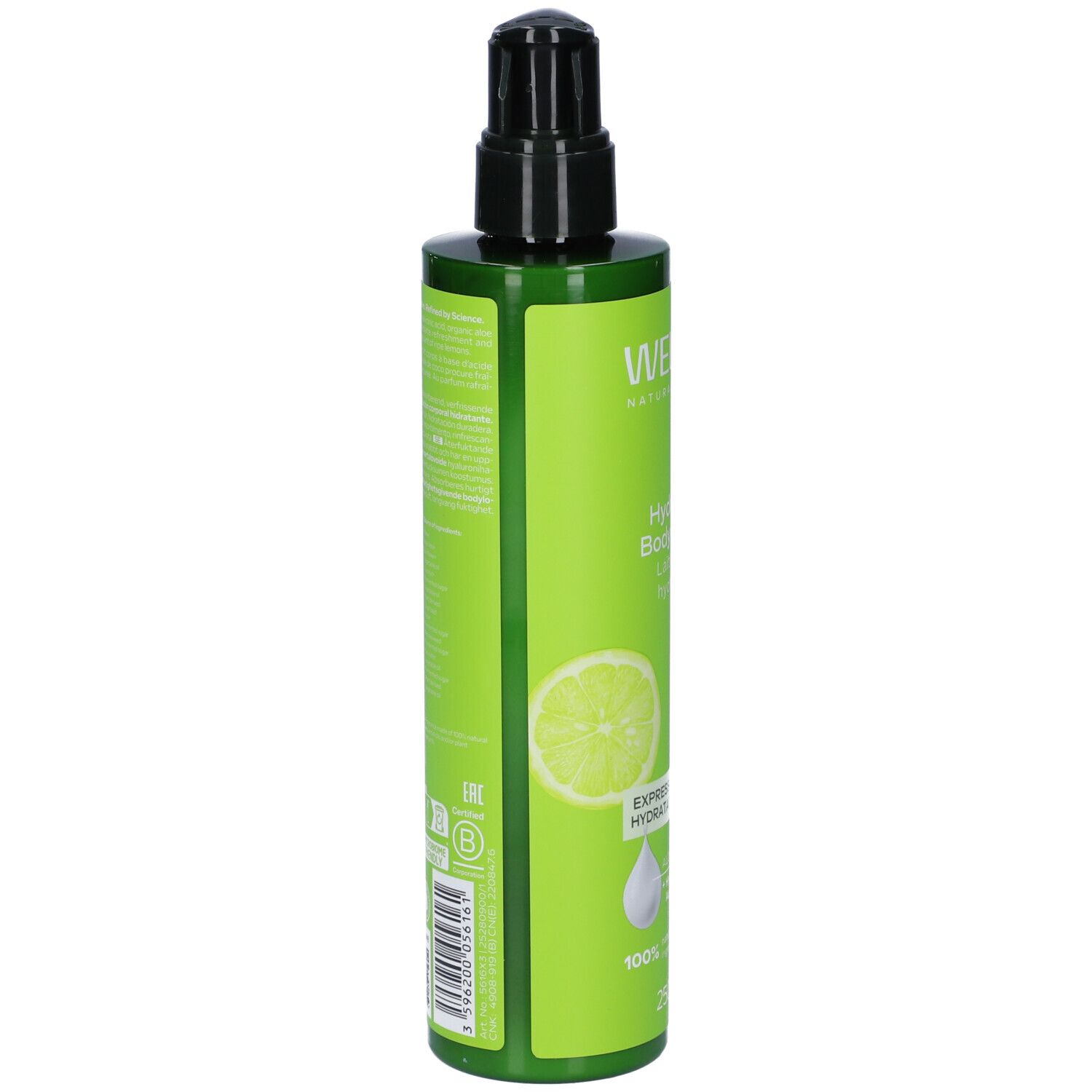 Flacone verde con dosatore nero. Retro con testo e codice a barre. Illustrazione di limone. Flacone verde.