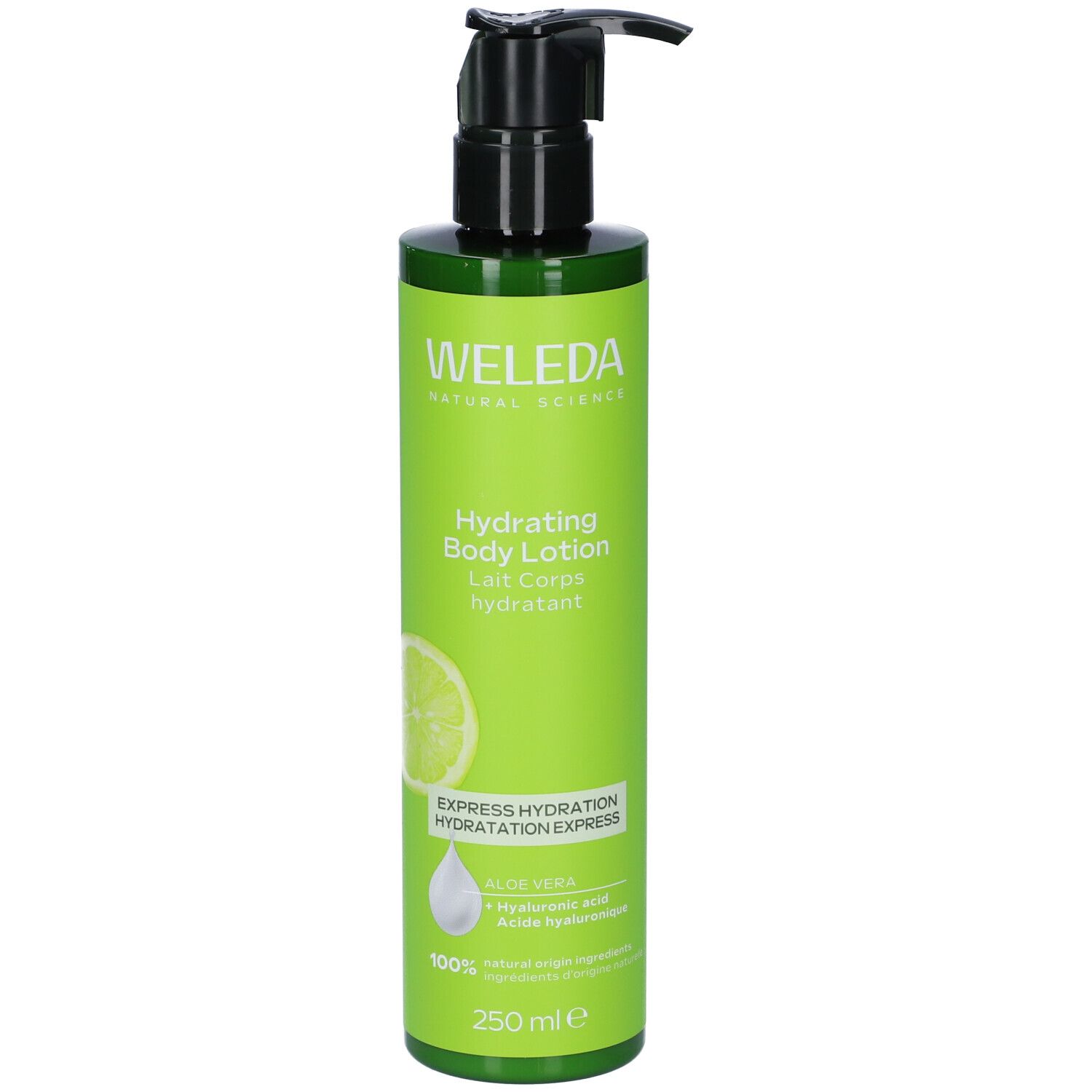 Flacone verde con dosatore nero. Scritta: Weleda, Hydrating Body Lotion, limone. Illustrazione di limone. 250 ml.