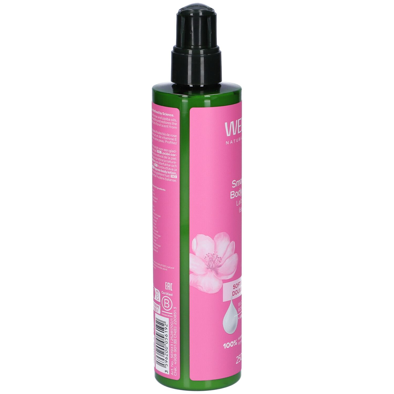 Retro del flacone di lozione per il corpo. Etichetta rosa con testo e loghi. Bottiglia verde.