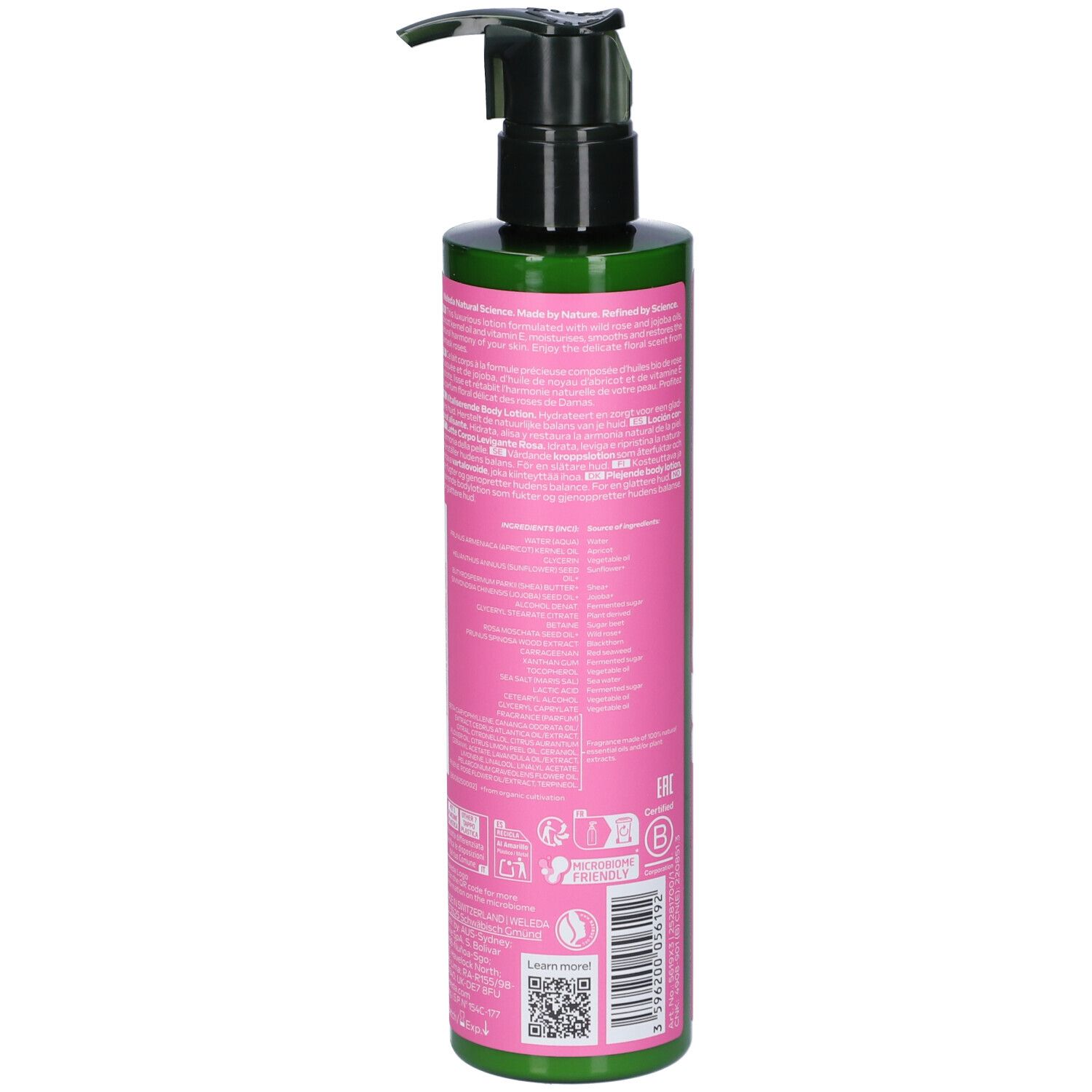 Vista posteriore del flacone di lozione per il corpo. Etichetta rosa con testo e loghi. Bottiglia verde.