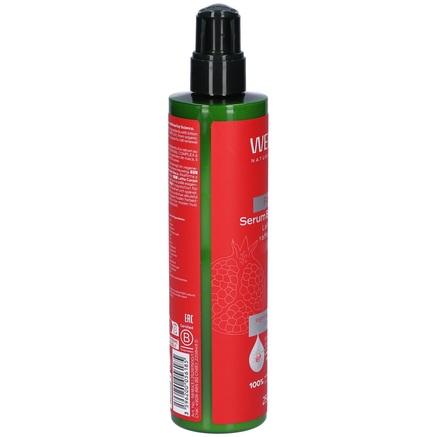 Retro del flacone rosso con testo e dettagli verdi. Contiene informazioni sugli ingredienti e certificazioni.