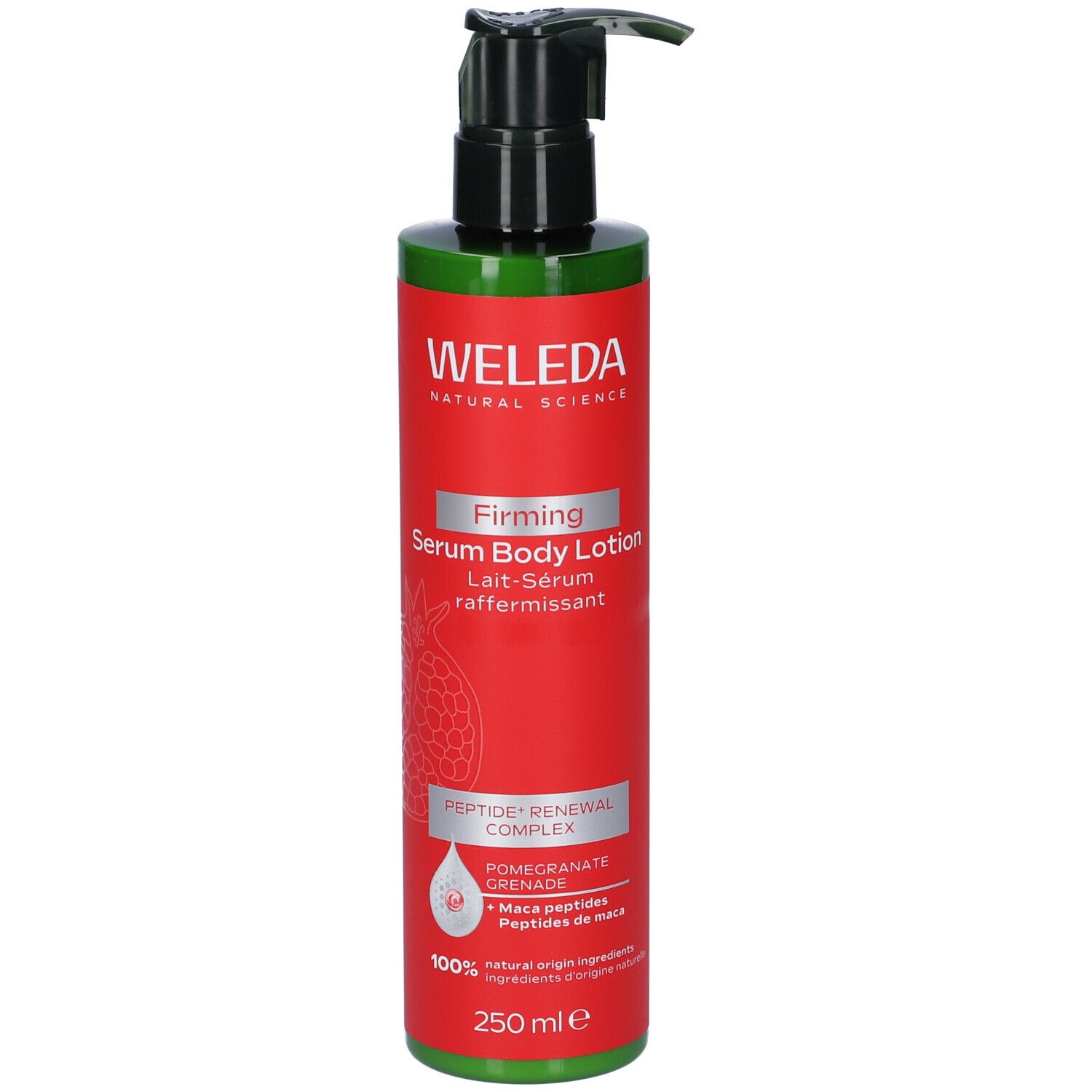 Flacone rosso con dosatore nero. Scritta: WELEDA, Firming Serum Body Lotion. Con motivo melograno e testo.