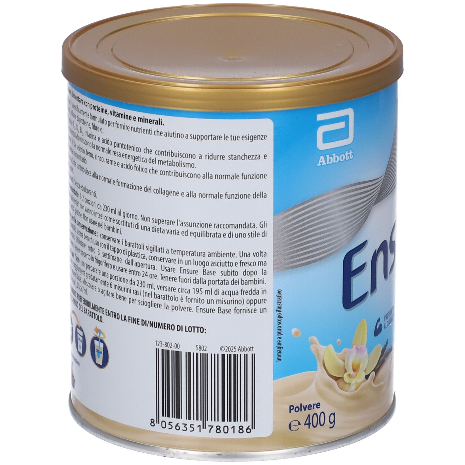 Retro della lattina ENSURE BASE VANIGLIA. Contiene informazioni sugli ingredienti e i valori nutrizionali. Marchio Abbott.