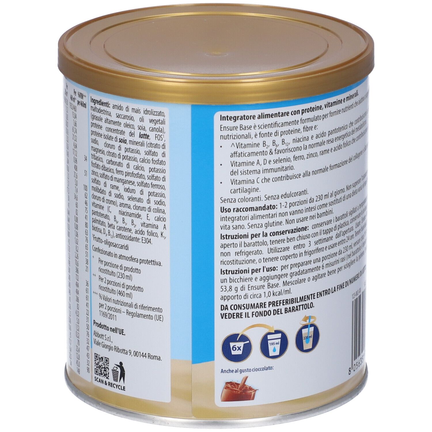 Lattina ENSURE BASE VANIGLIA, dettaglio degli ingredienti e istruzioni per l'uso. Marchio Abbott.