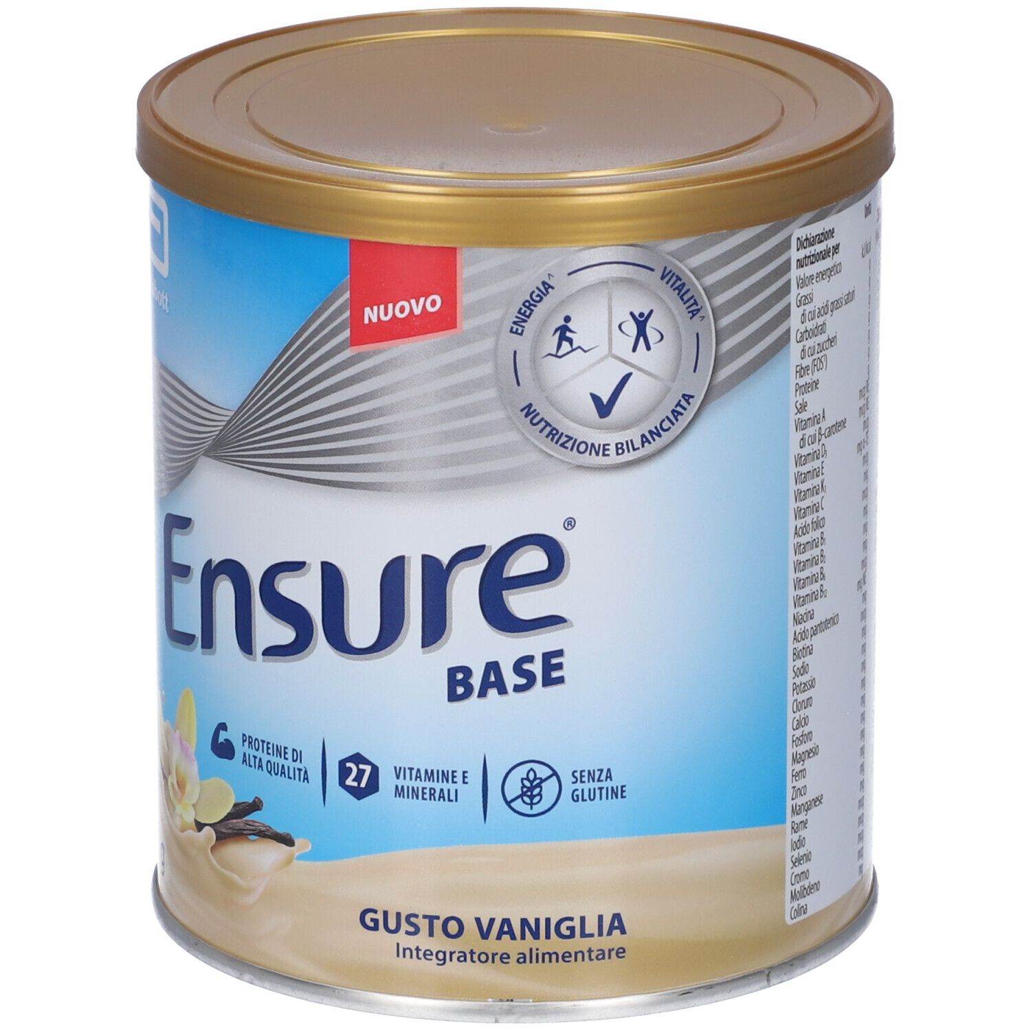 Lattina ENSURE BASE VANIGLIA 400g. Design blu e bianco, coperchio dorato. Contiene 27 vitamine e minerali. Gusto vaniglia.