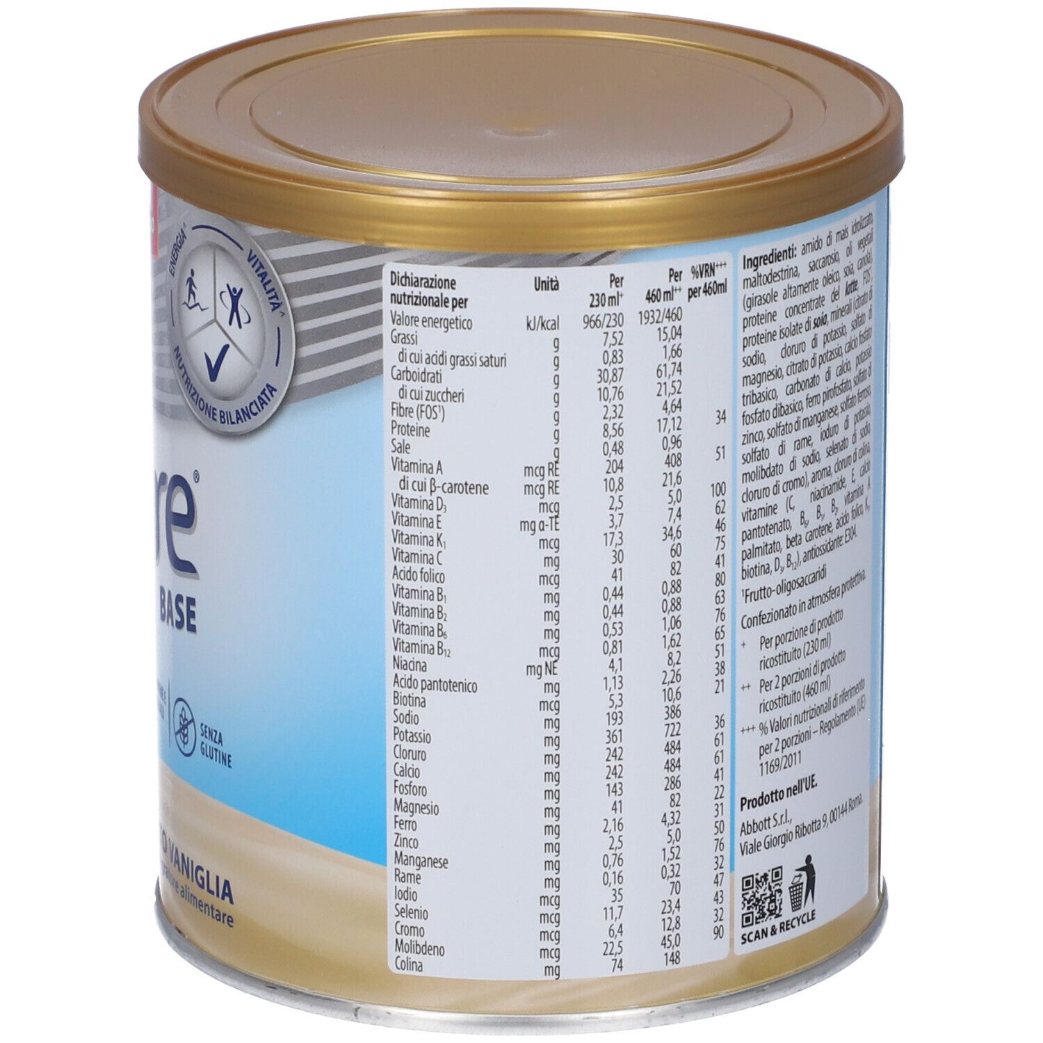 Lattina ENSURE BASE VANIGLIA. Informazioni nutrizionali e ingredienti. Marchio Abbott. Coperchio dorato.