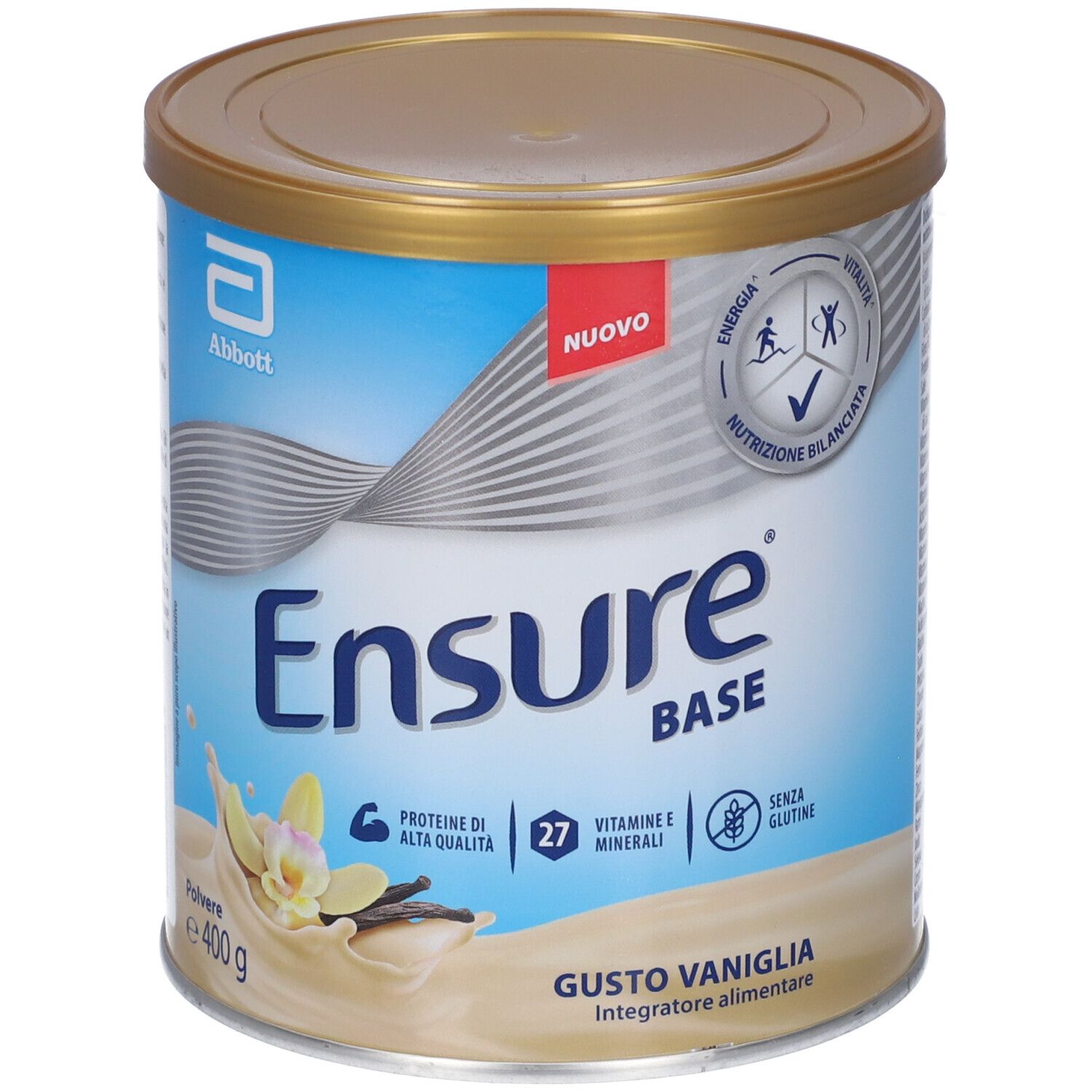 Lattina ENSURE BASE VANIGLIA 400g. Design blu e bianco, coperchio dorato. Contiene 27 vitamine e minerali. Gusto vaniglia.