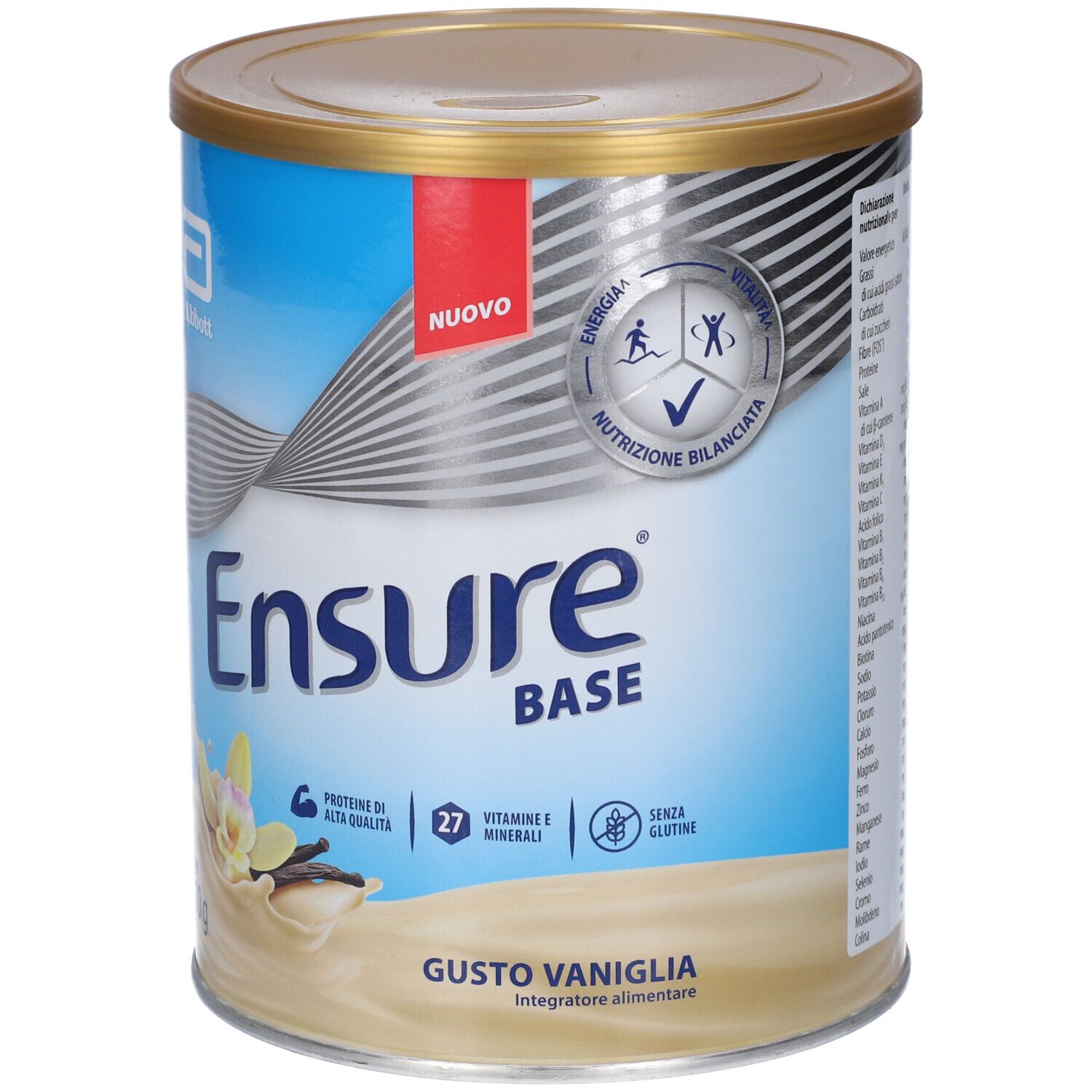 Ensure Base Vaniglia in polvere, lattina da 850g. Con simboli per energia e nutrizione bilanciata.