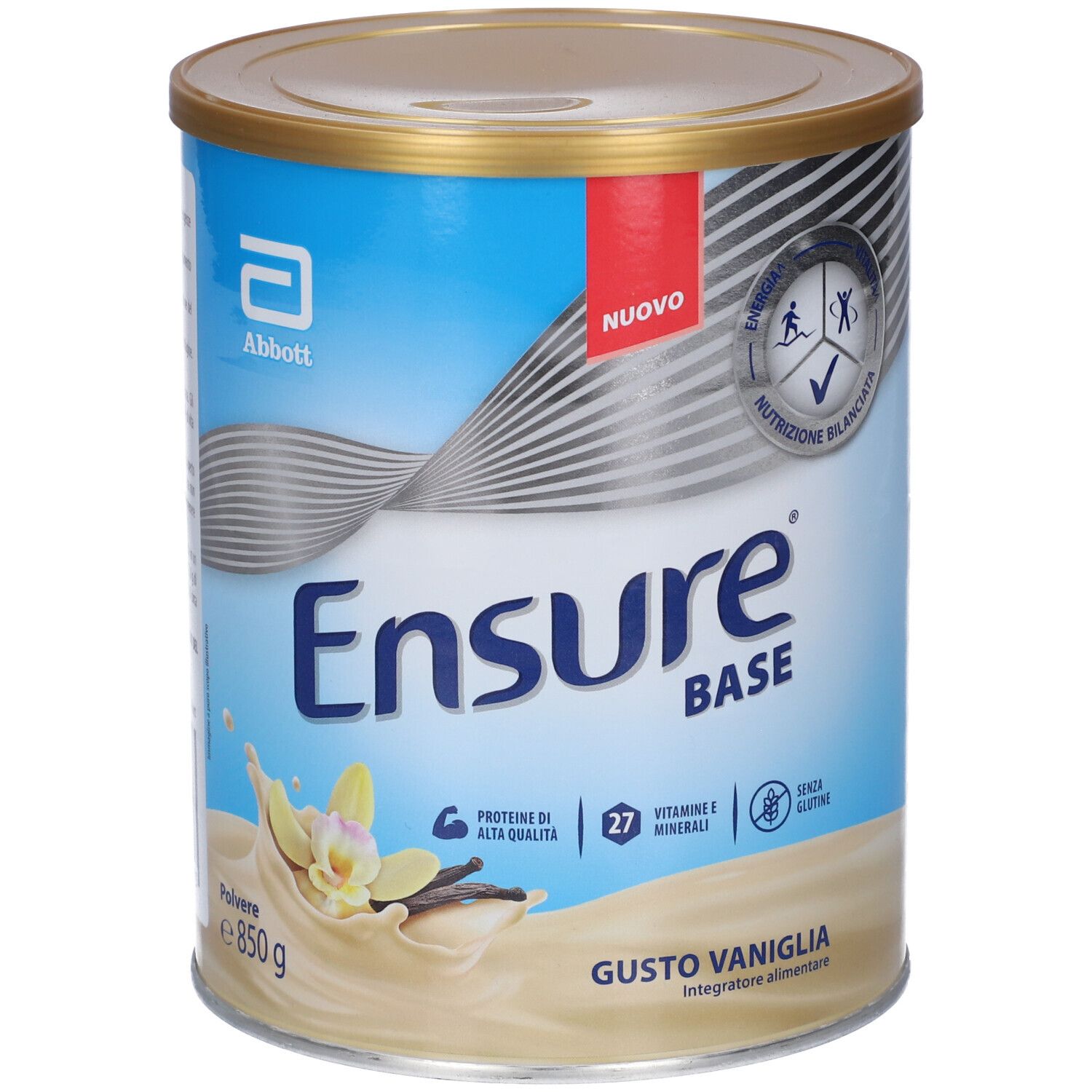 Ensure Base Vaniglia in polvere, lattina da 850g. Con fiori e baccelli di vaniglia sul davanti.