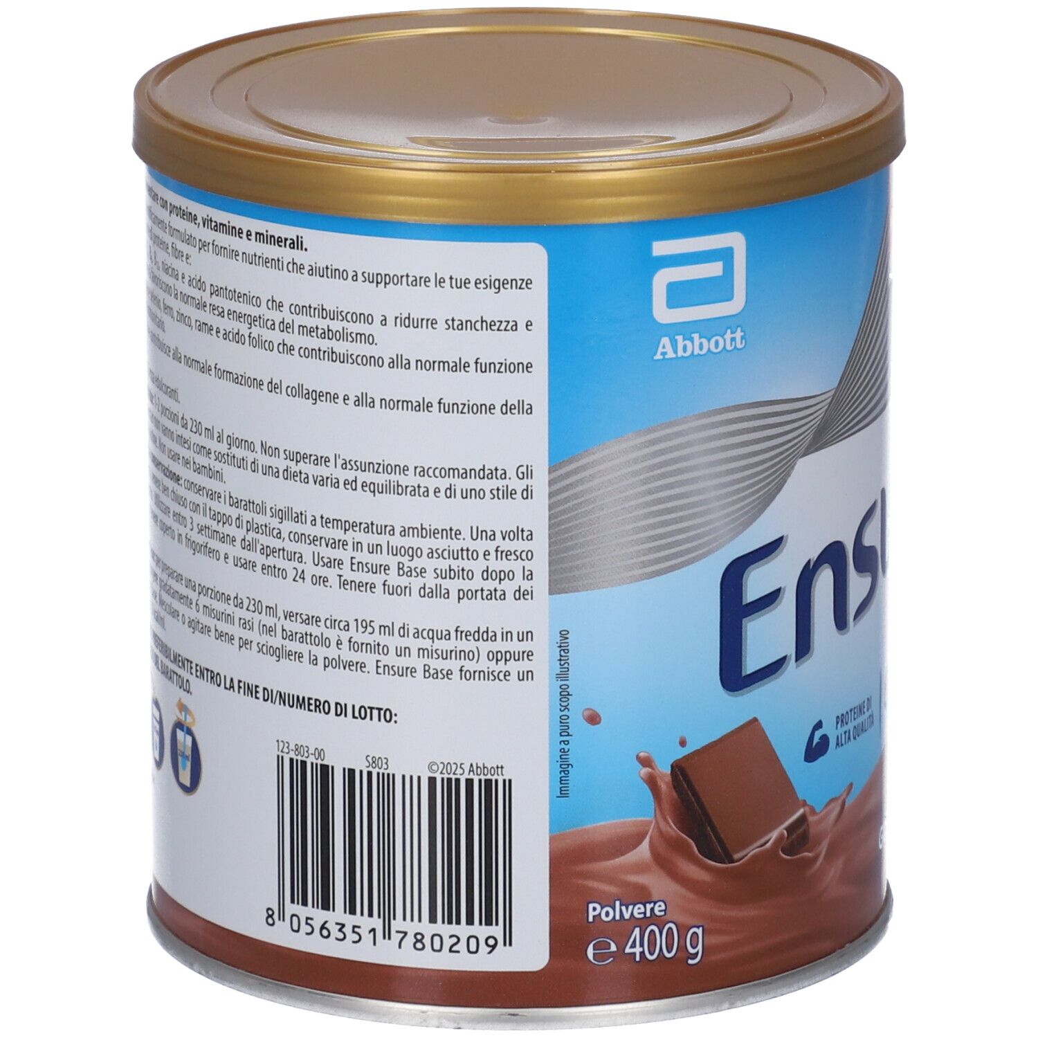 Retro della latta Ensure Base Cioccolato. Testo: Abbott, ingredienti, istruzioni per l'uso. E 400g.