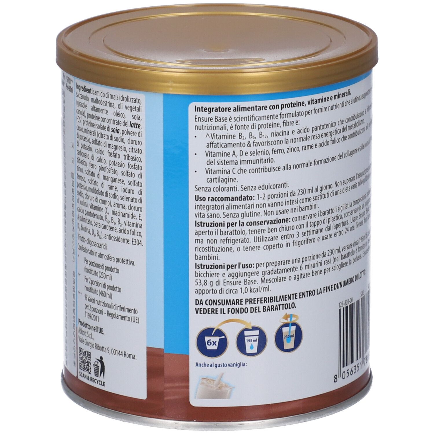 Retro della latta Ensure Base Cioccolato. Testo: ingredienti, istruzioni per l'uso, 6x, 145 ml, 230 ml.