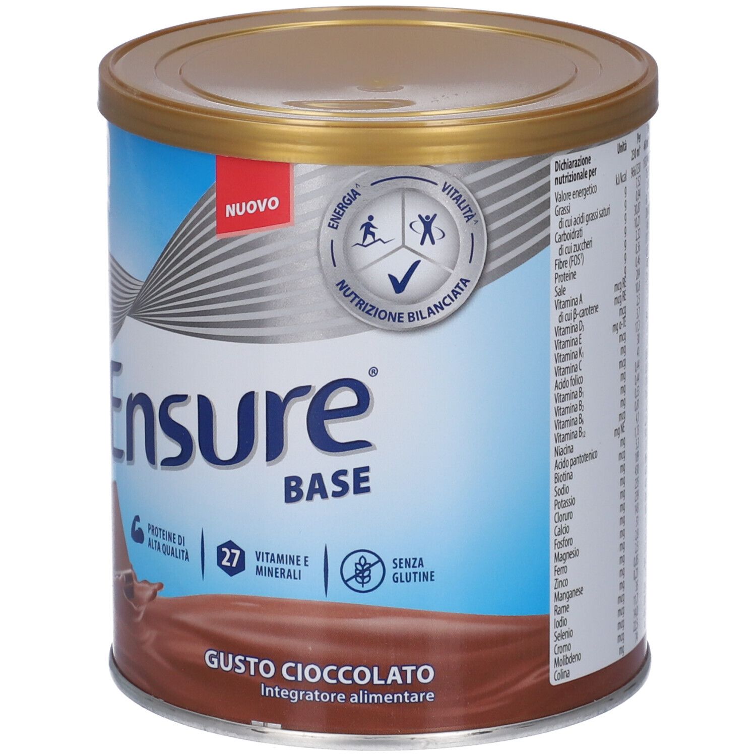 Latta Ensure Base Cioccolato. Scritte: Abbott, Nuovo, 27 vitamine e minerali, senza glutine. Immagine cioccolato.