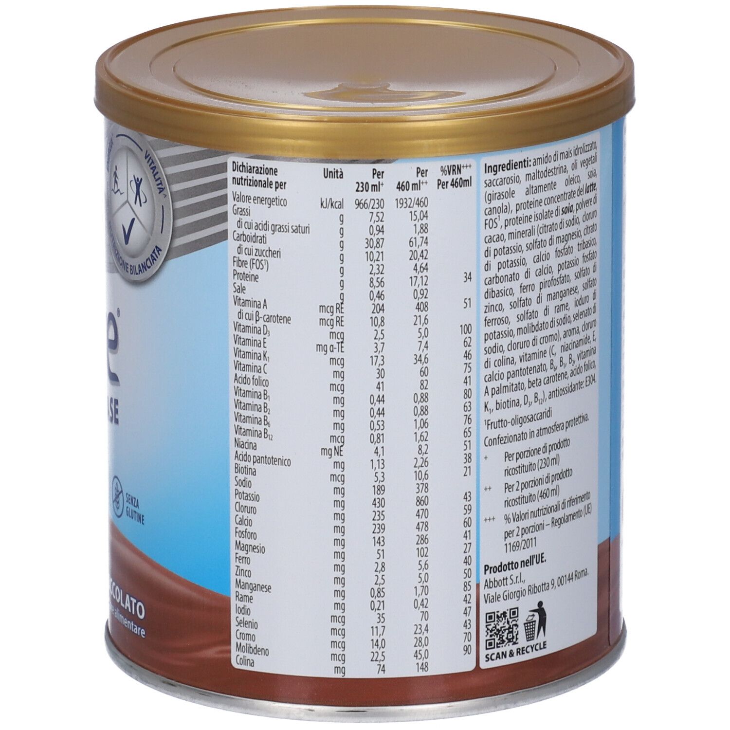 Retro della latta Ensure Base Cioccolato. Informazioni nutrizionali, elenco ingredienti, Scan & Recycle.