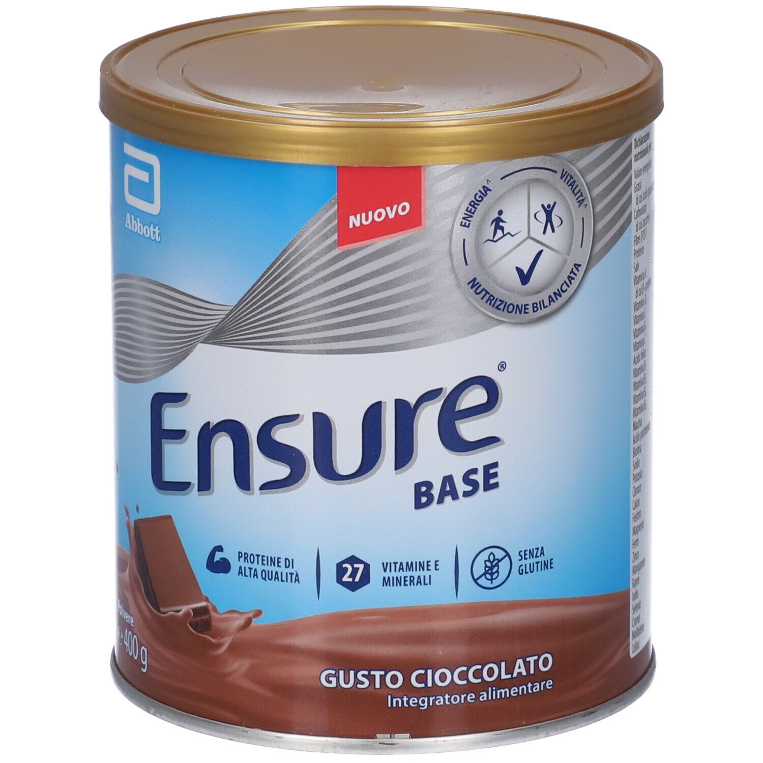 Latta Ensure Base Cioccolato. Scritte: Abbott, Nuovo, 27 vitamine e minerali, senza glutine. Immagine cioccolato.
