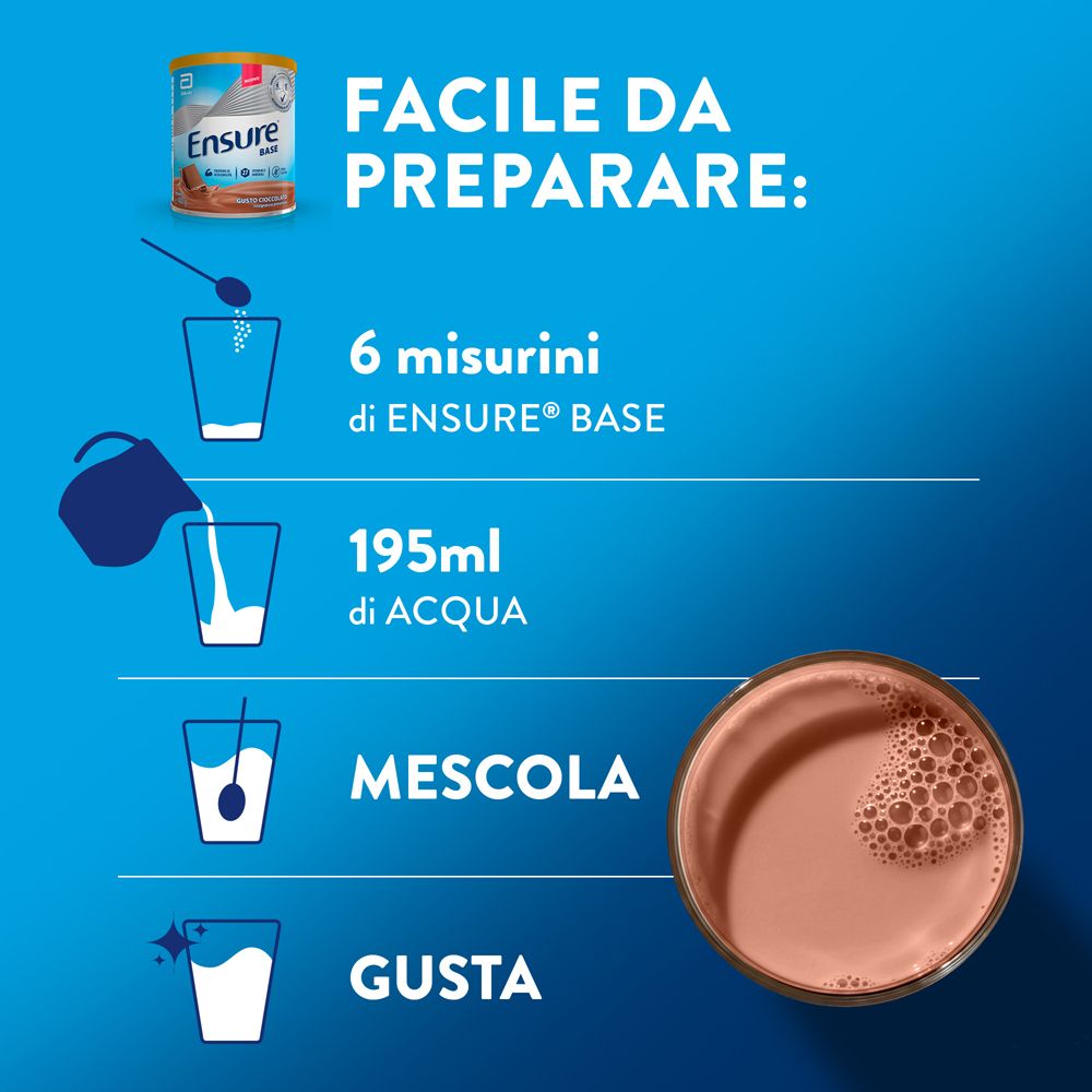 Preparazione di Ensure Base cioccolato: 6 misurini di polvere, 195ml d'acqua, mescolare, gustare.
