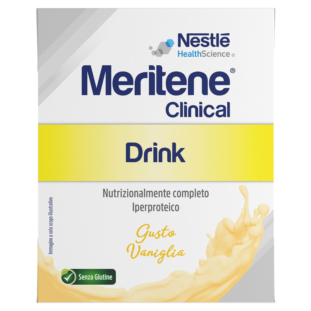 Meritene Clinical Drink gusto Vaniglia. Scatola. Logo Nestle HealthScience. Senza glutine.