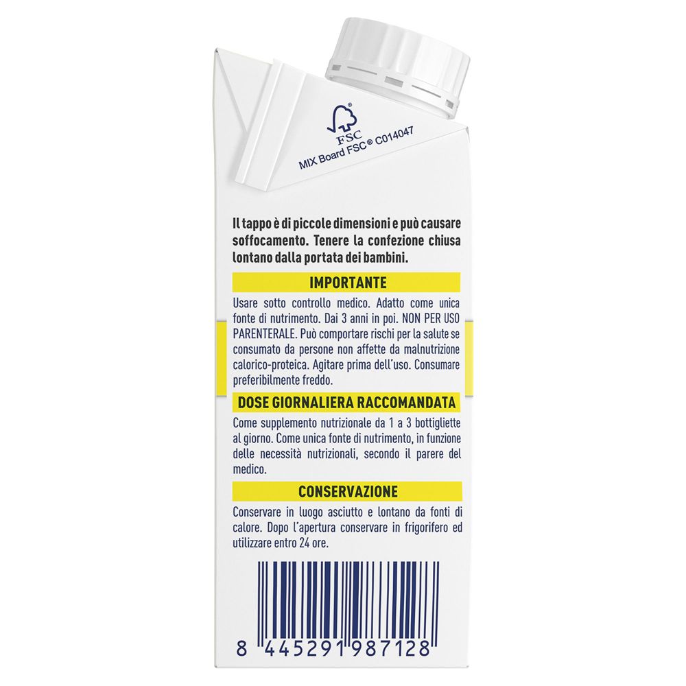 Confezione Meritene Clinical Drink. Logo FSC. Testo su uso e dosaggio. Codice a barre.