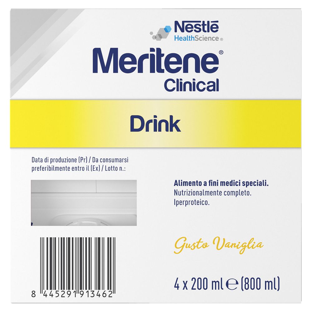 Meritene Clinical Drink gusto Vaniglia. Scatola. Logo Nestle HealthScience. 4x200ml.