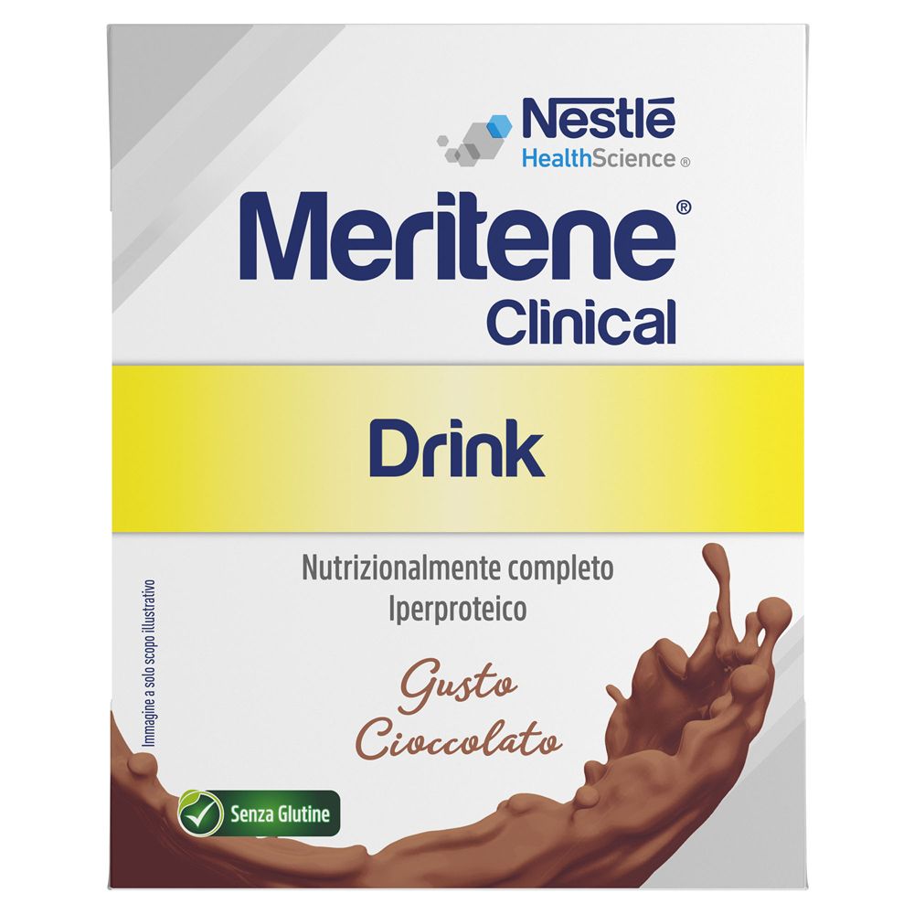 Meritene Clinical Drink gusto Cioccolato. Logo Nestle HealthScience. Testo: Iperproteico, Senza Glutine.