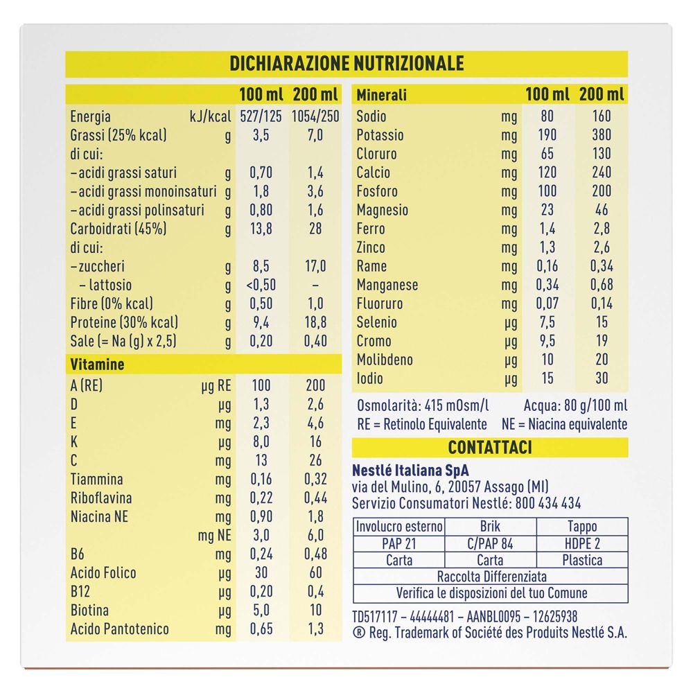Retro confezione Meritene Clinical Drink. Informazioni nutrizionali in italiano. Contatti.