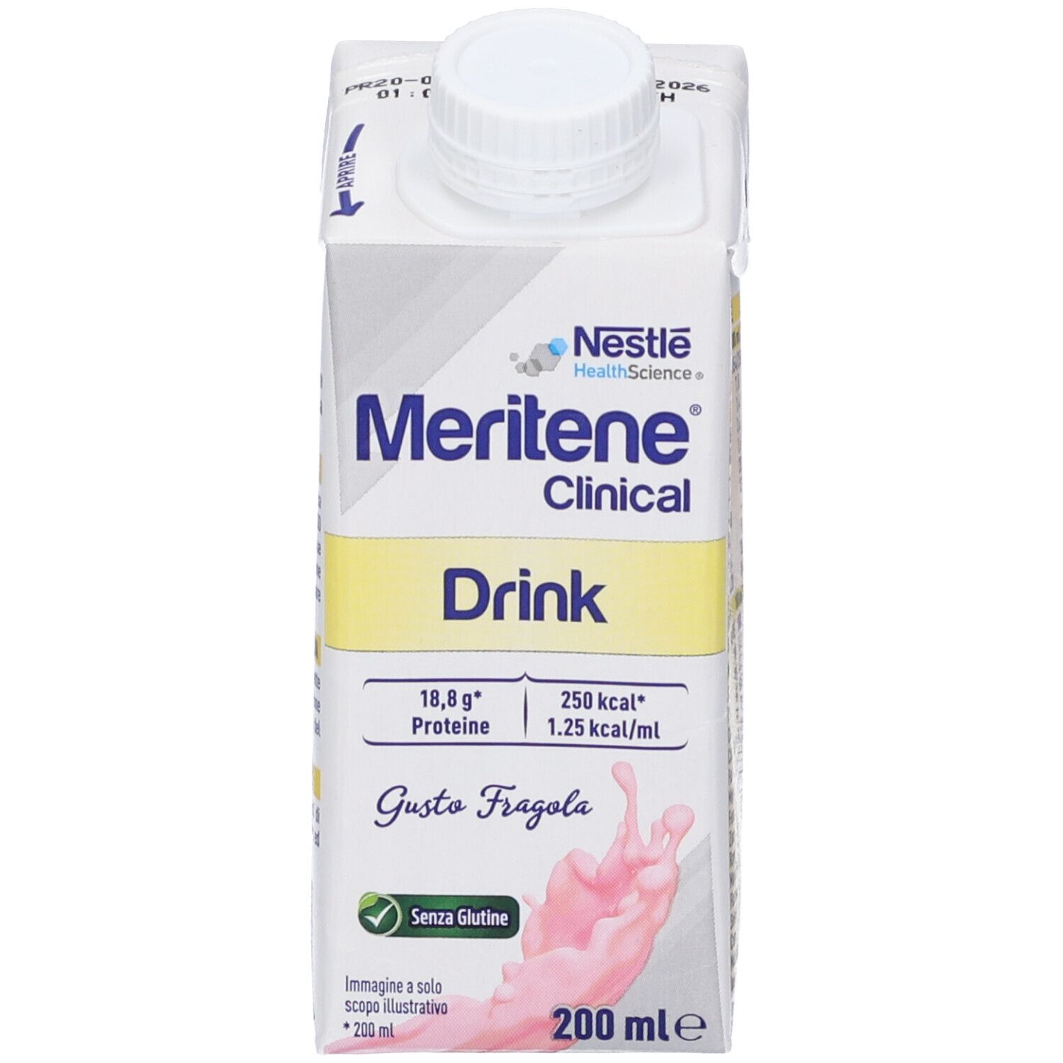 Confezione bianca di Meritene Clinical Drink, gusto Fragola. Contiene 18,8 g di proteine e 250 kcal.