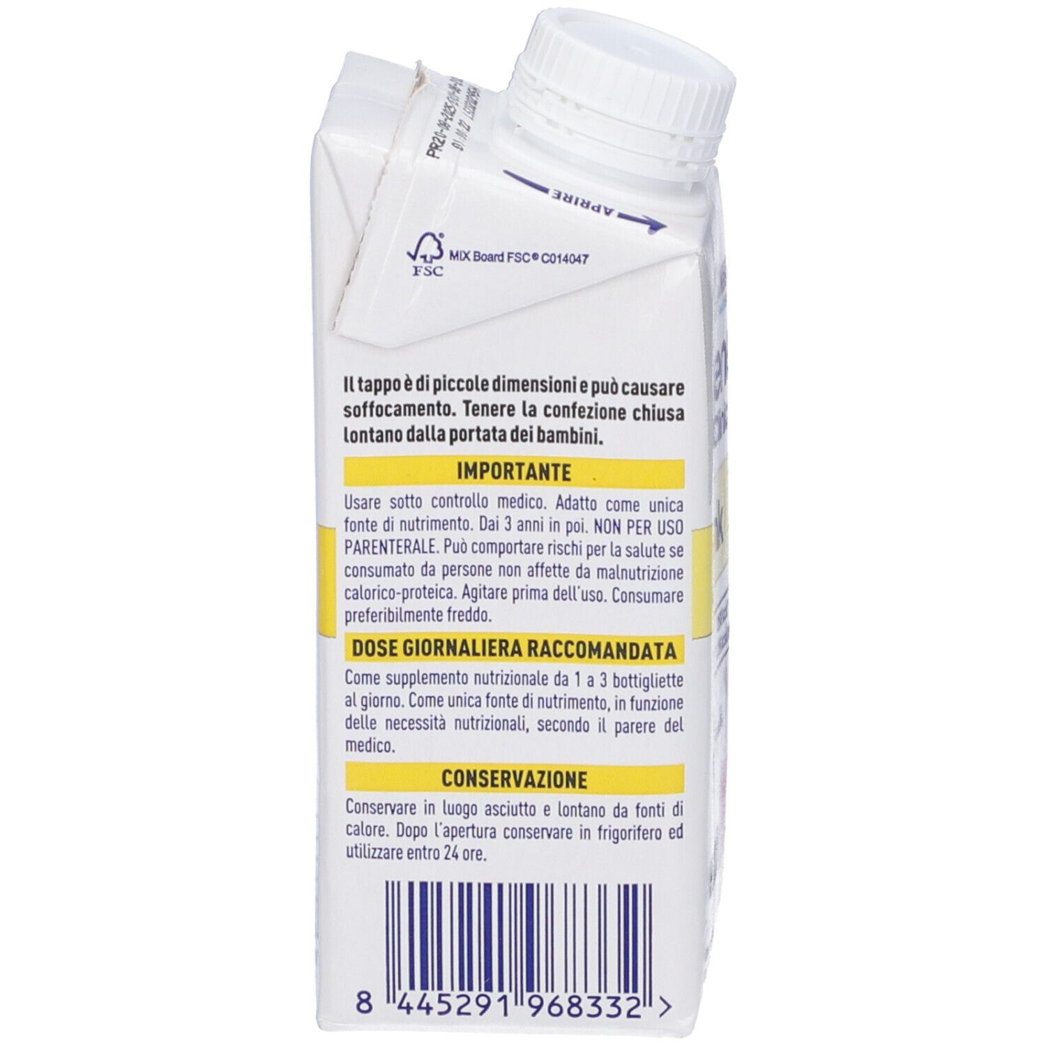 Lato della confezione Meritene Clinical Drink. Contiene informazioni importanti e la dose giornaliera raccomandata.