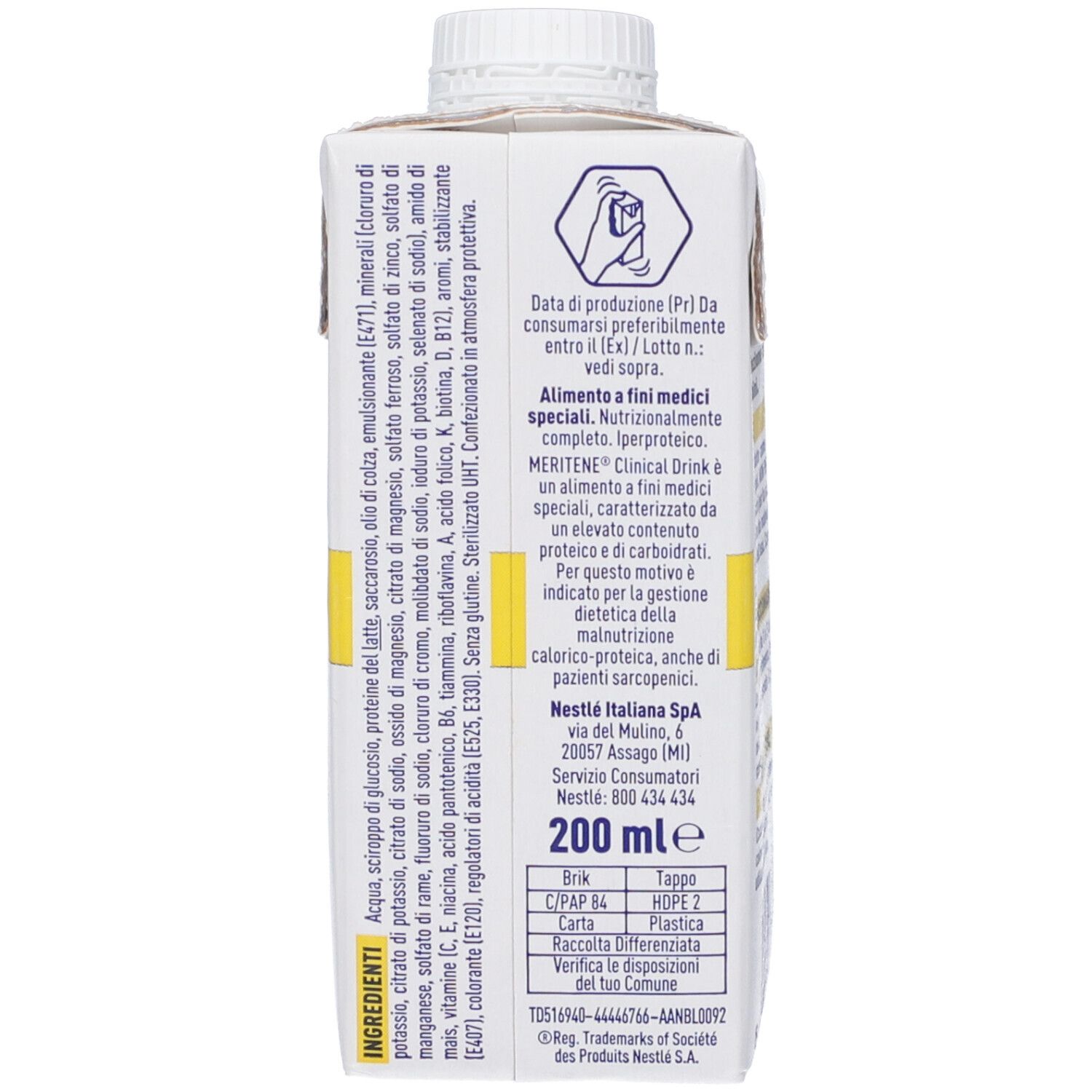 Lato della confezione Meritene Clinical Drink. Contiene ingredienti, informazioni del produttore e volume.