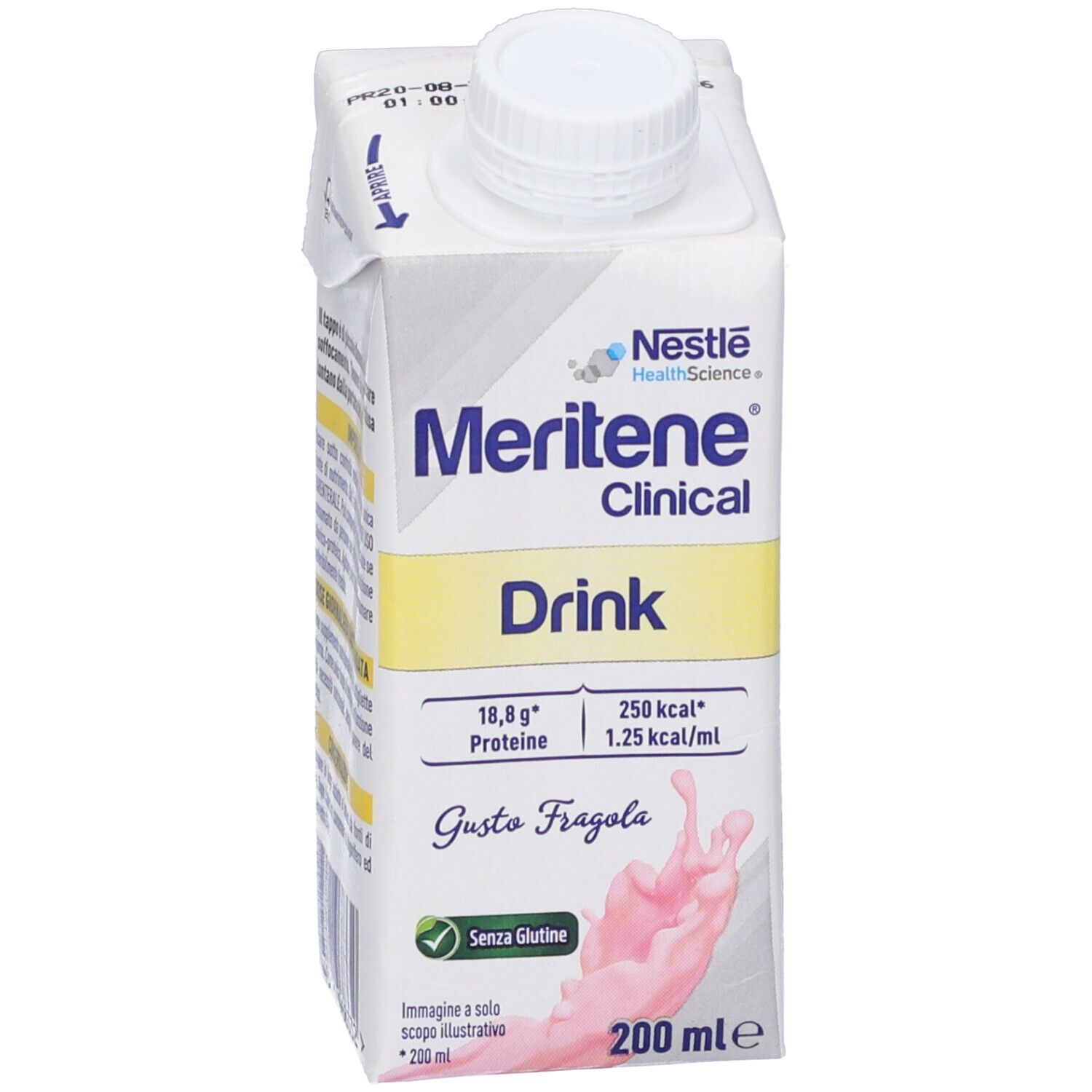 Confezione bianca di Meritene Clinical Drink, gusto Fragola. Contiene 18,8 g di proteine e 250 kcal.