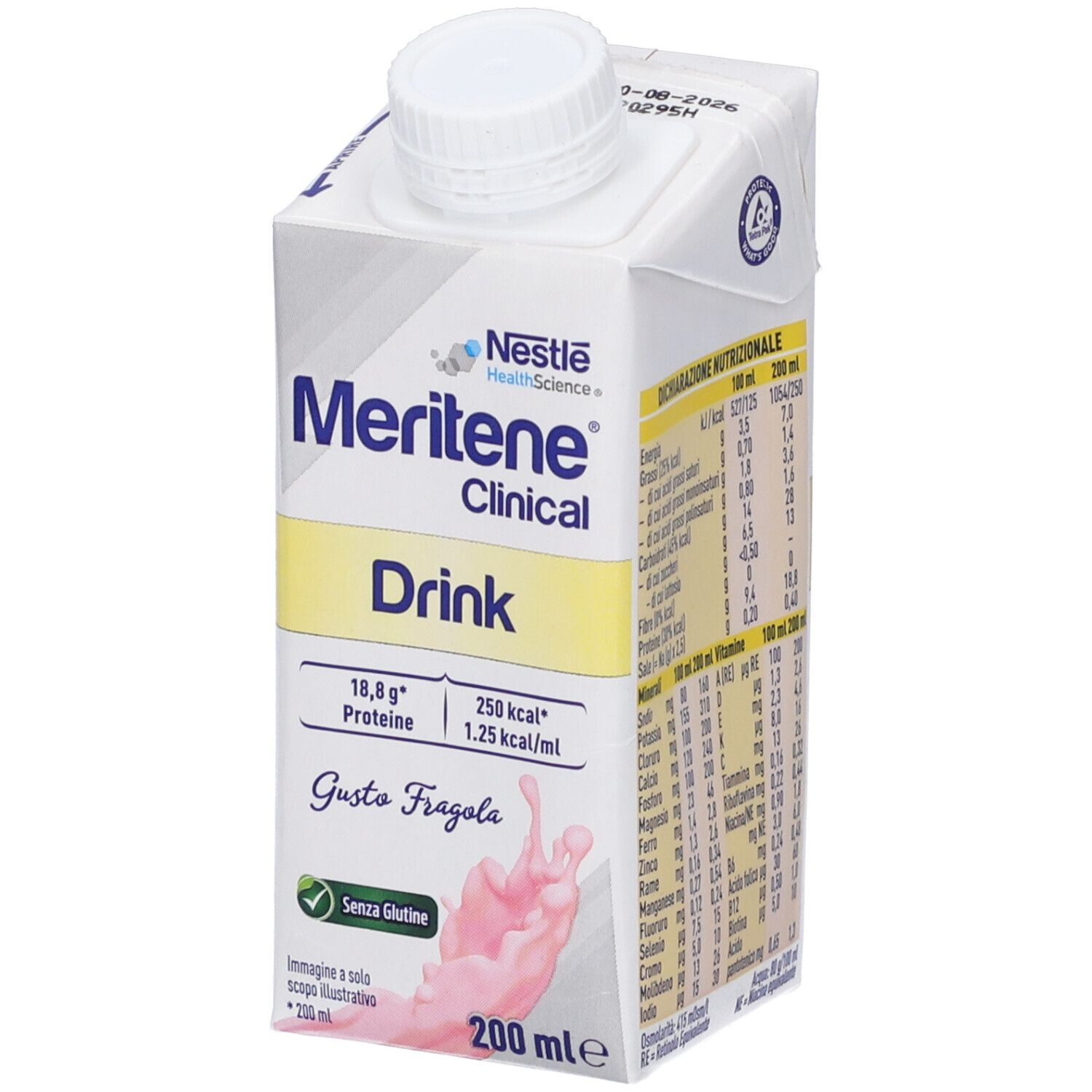Retro della confezione Meritene Clinical Drink. Contiene informazioni nutrizionali e minerali per 100 ml e 200 ml.