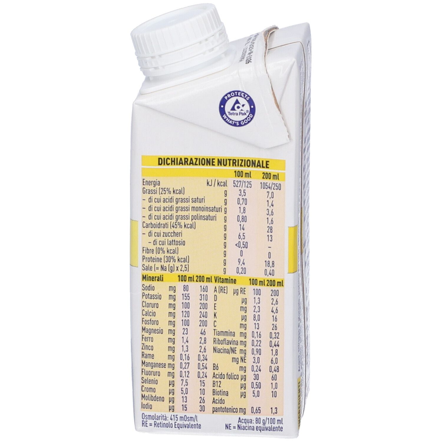 Retro della confezione Meritene Clinical Drink. Contiene informazioni nutrizionali e minerali per 100 ml e 200 ml.