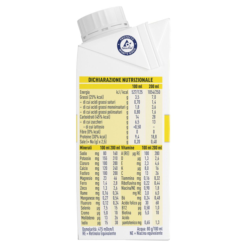 Retro della confezione Meritene Clinical Drink. Contiene informazioni nutrizionali e minerali per 100 ml e 200 ml.